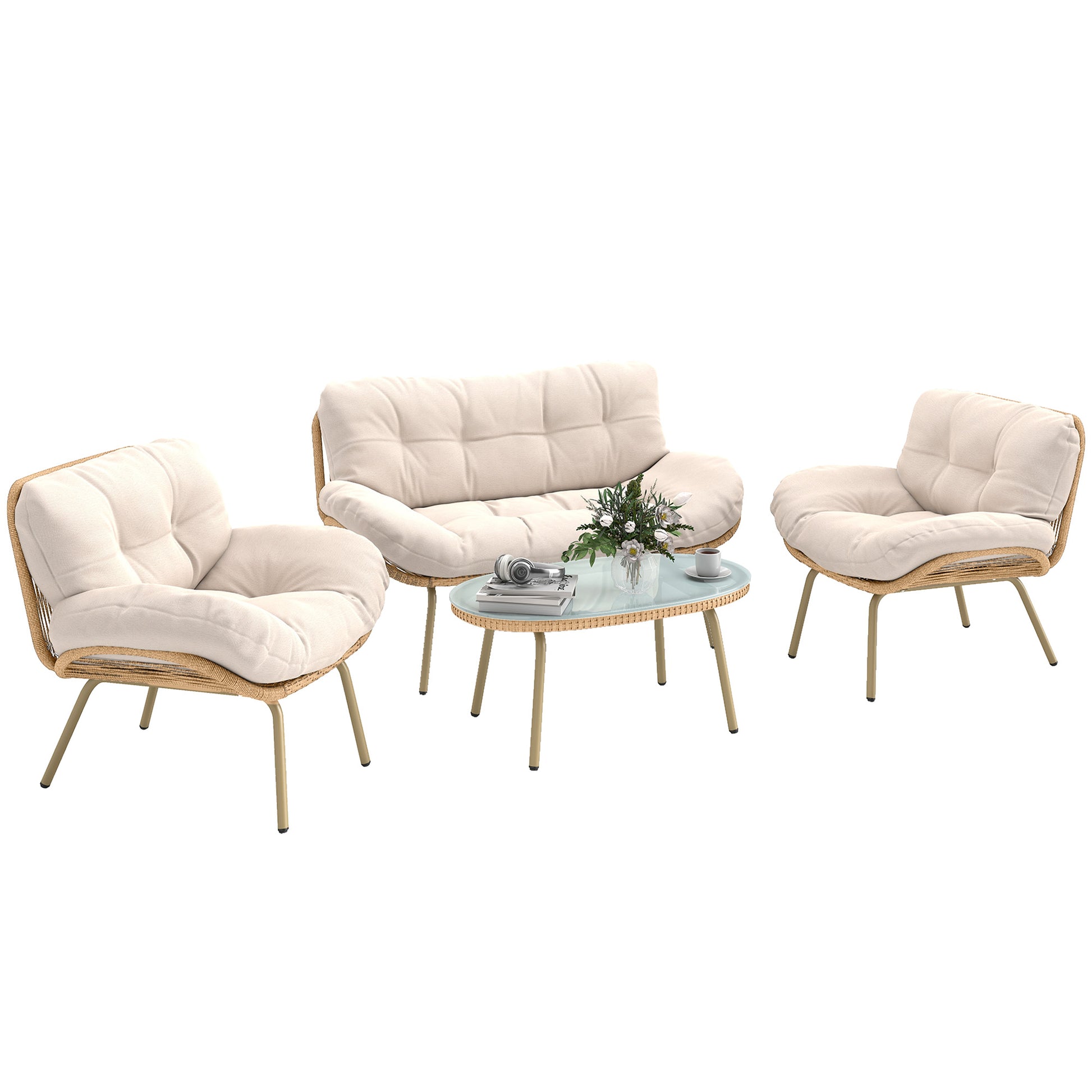 Outsunny Conjunto de Jardín Exterior de Ratán, Muebles Jardín Exterior 4 Piezas, con Cojines, Sofá Doble, 2 Sillones y Mesa de Centro de Cristal, Estructura de Metal, Beige