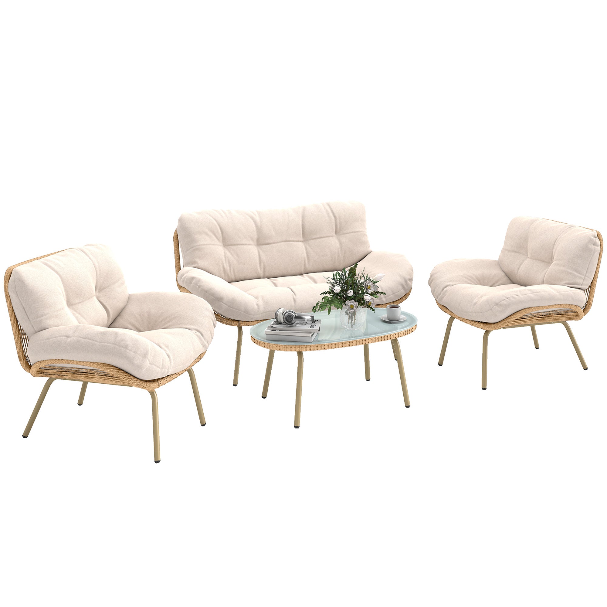 Outsunny Conjunto de Jardín Exterior de Ratán, Muebles Jardín Exterior 4 Piezas, con Cojines, Sofá Doble, 2 Sillones y Mesa de Centro de Cristal, Estructura de Metal, Beige