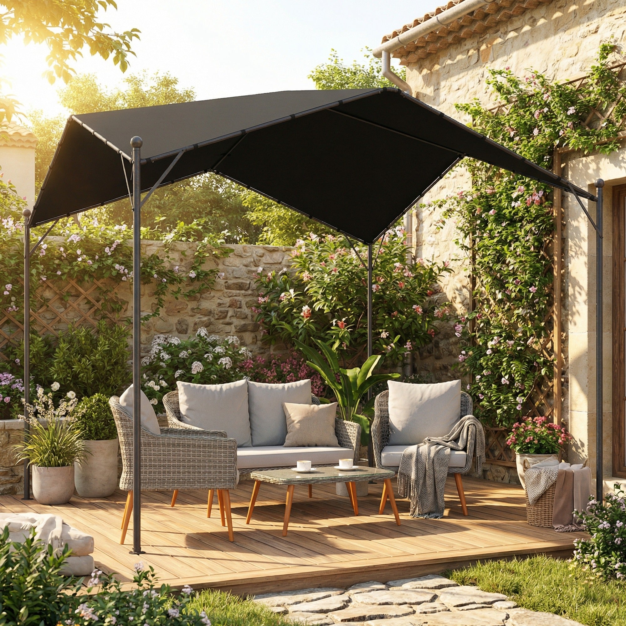 Outsunny Pérgola de Jardín 3x3 m, Cenador de Jardín con Techo Inclinado, Dosel UPF30+ y Estructura de Metal Galvanizado, Pabellón para Exterior, Patio, Terraza, Gris Oscuro