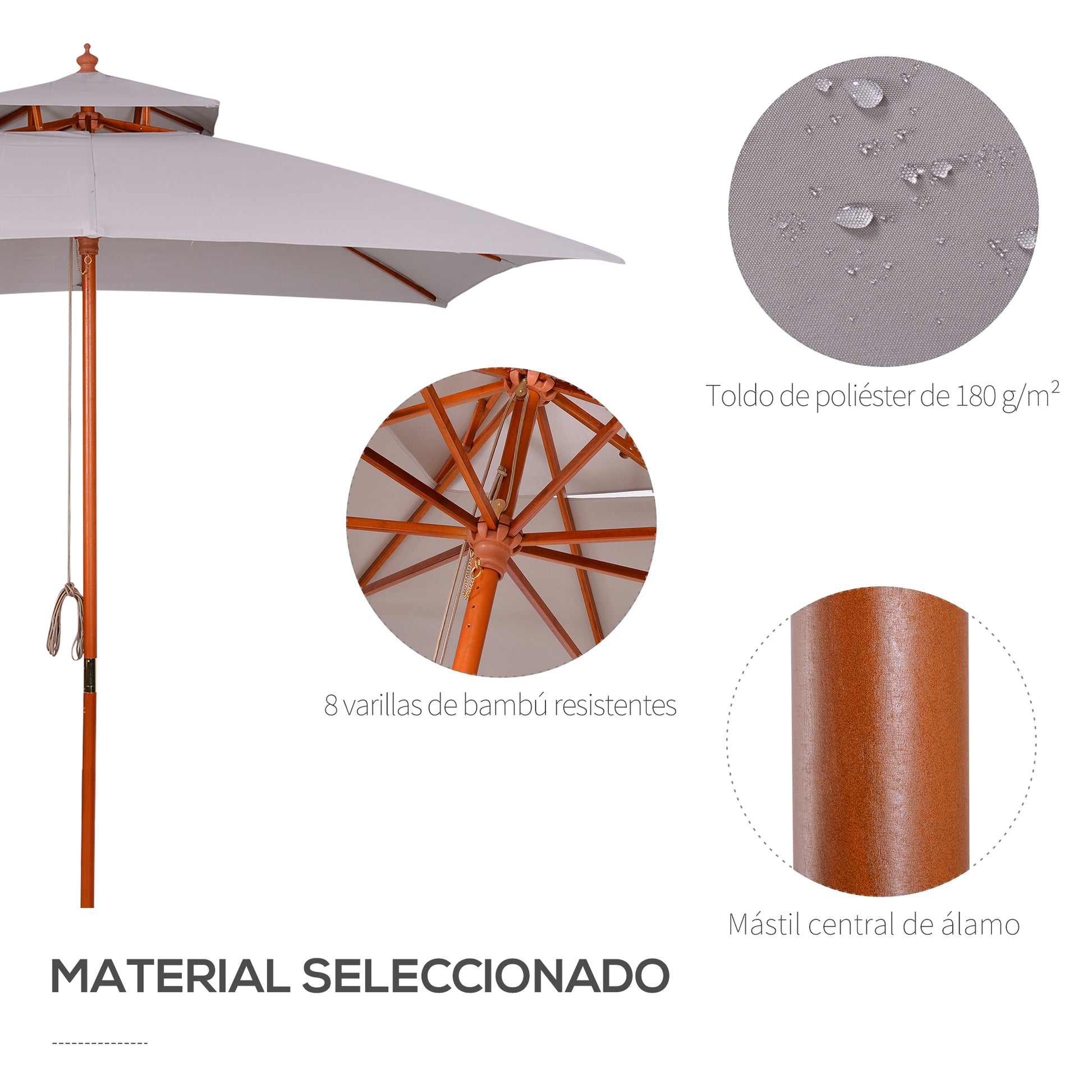 Outsunny Sombrilla de Jardín 3x3x3 m Parasol de Jardín de Bambú con Doble Techo Sistema de Polea Impermeable para Terraza Balcón Exterior Gris