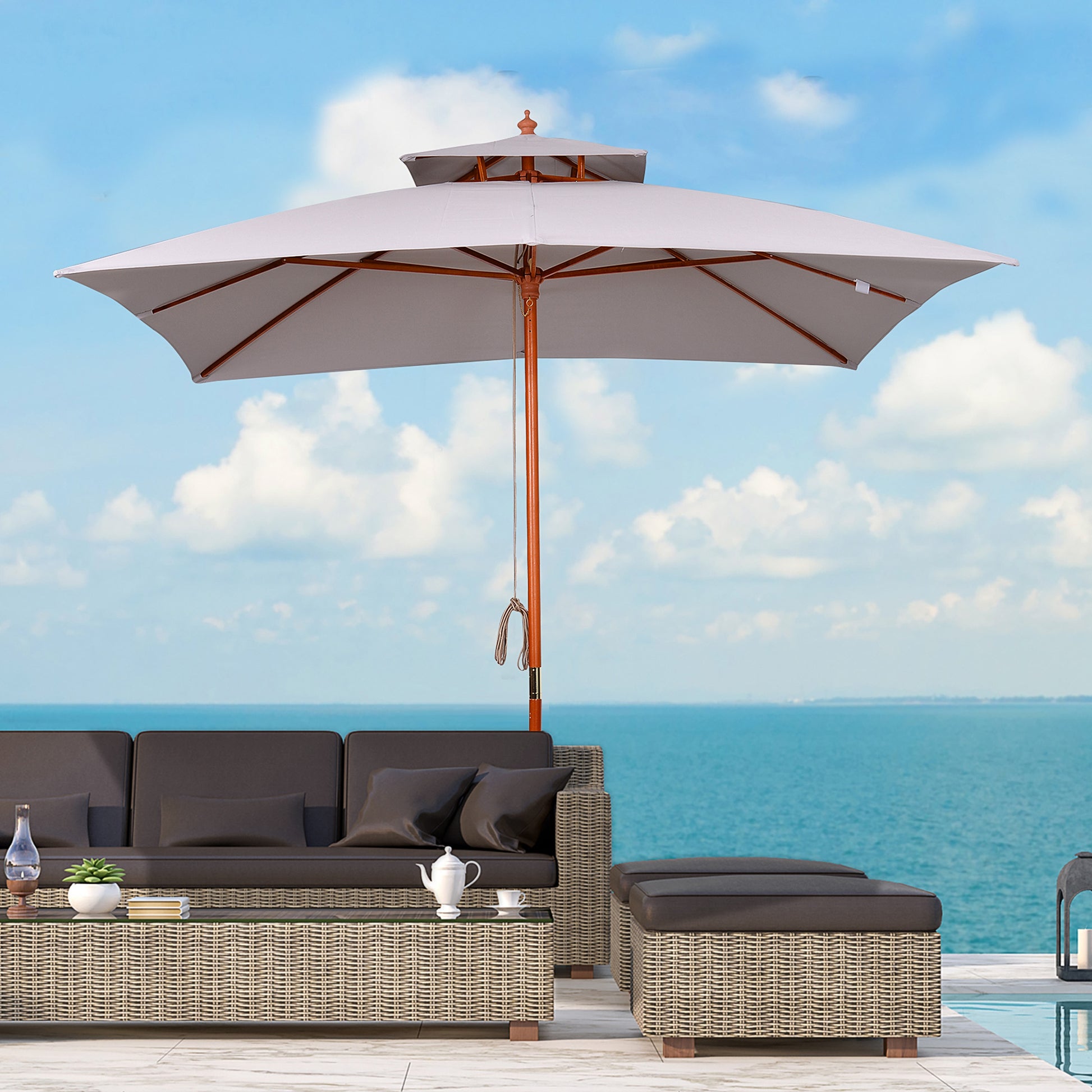Outsunny Sombrilla de Jardín 3x3x3 m Parasol de Jardín de Bambú con Doble Techo Sistema de Polea Impermeable para Terraza Balcón Exterior Gris