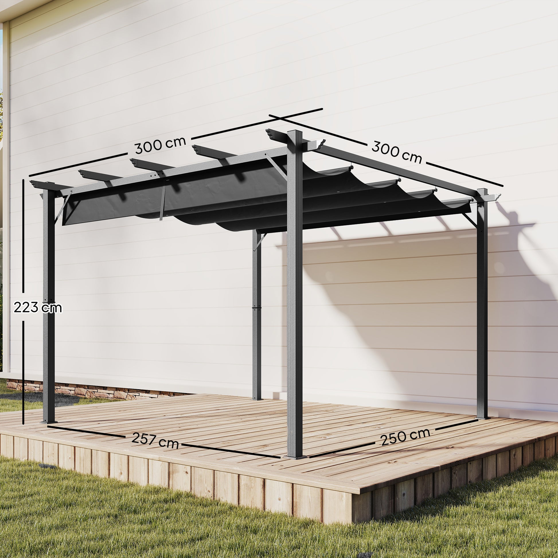 Outsunny Pérgola de Jardín 3x3 m con Techo Retráctil, Cenador de Jardín con Protección UPF30+, Orificios de Drenaje, Estructura de Aluminio, Pabellón para Patio, Terraza, Exterior, Gris Oscuro