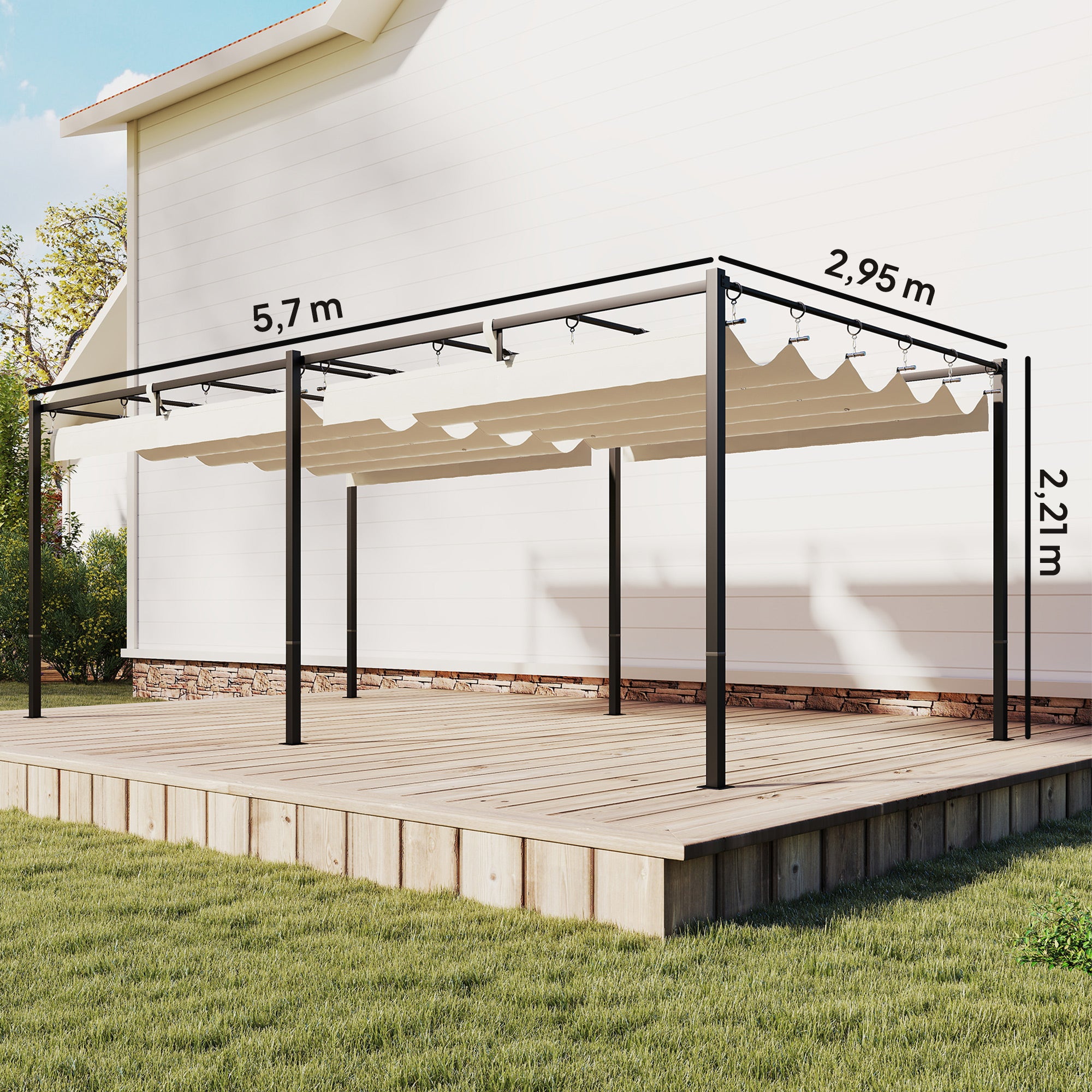Outsunny Pérgola de Jardín 6x3 m con Techo Retráctil, Cenador de Jardín con Protección UPF50+, Drenaje, Estructura Metálica, Pabellón para Patio, Terraza, Exterior, Blanco Crema