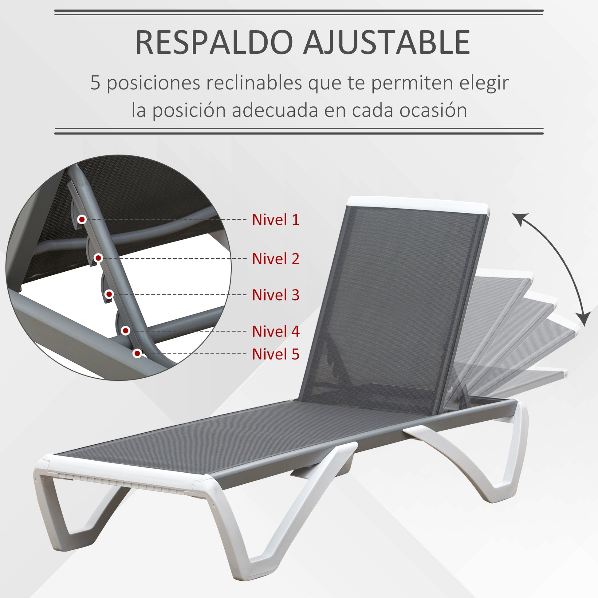 Outsunny Tumbona Reclinable de Jardín de Aluminio con Ruedas y Respaldo Ajustable en 5 Niveles Sillón Relax para Terraza Balcón Piscina 170x67,5x95 cm Gris Blanco