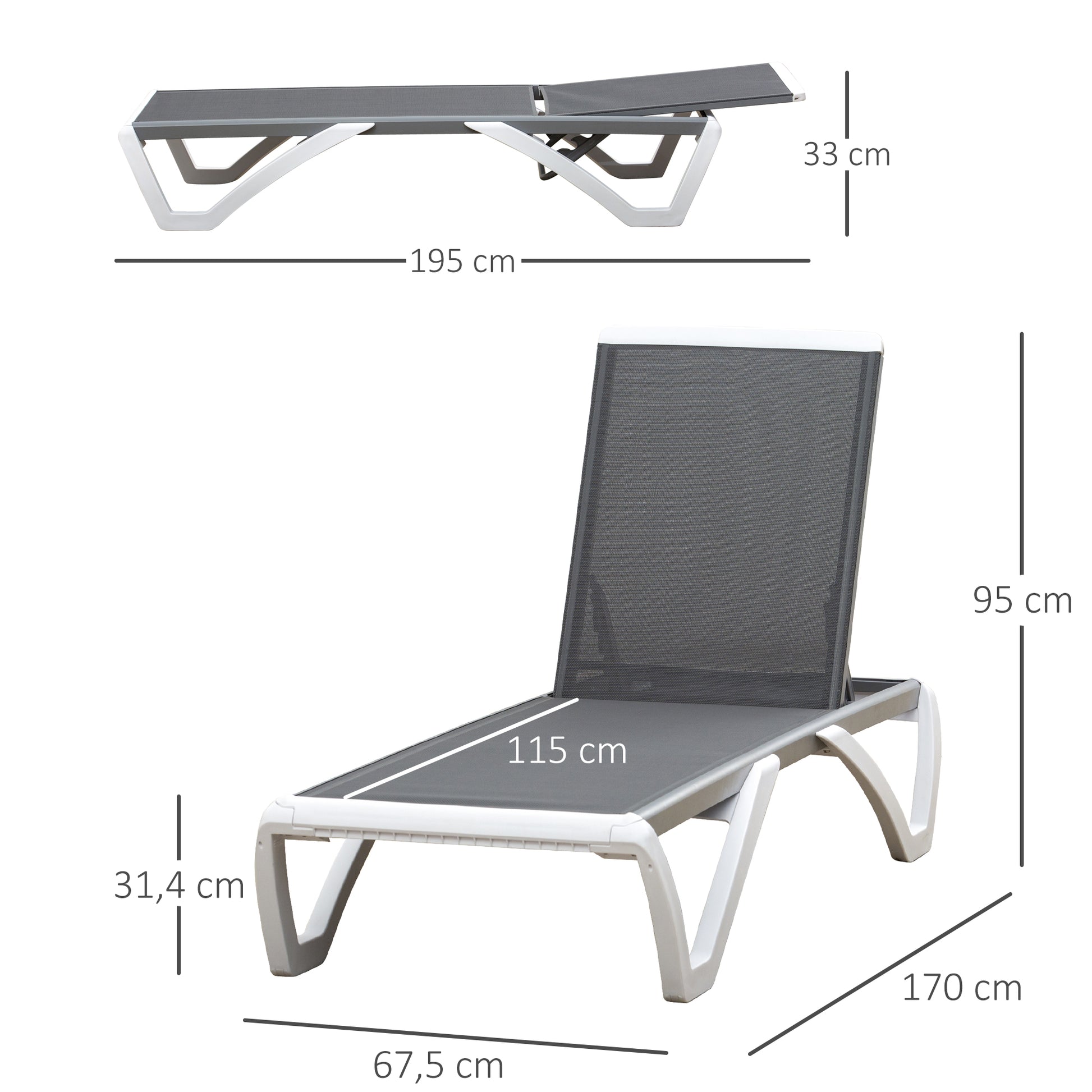 Outsunny Tumbona Reclinable de Jardín de Aluminio con Ruedas y Respaldo Ajustable en 5 Niveles Sillón Relax para Terraza Balcón Piscina 170x67,5x95 cm Gris Blanco