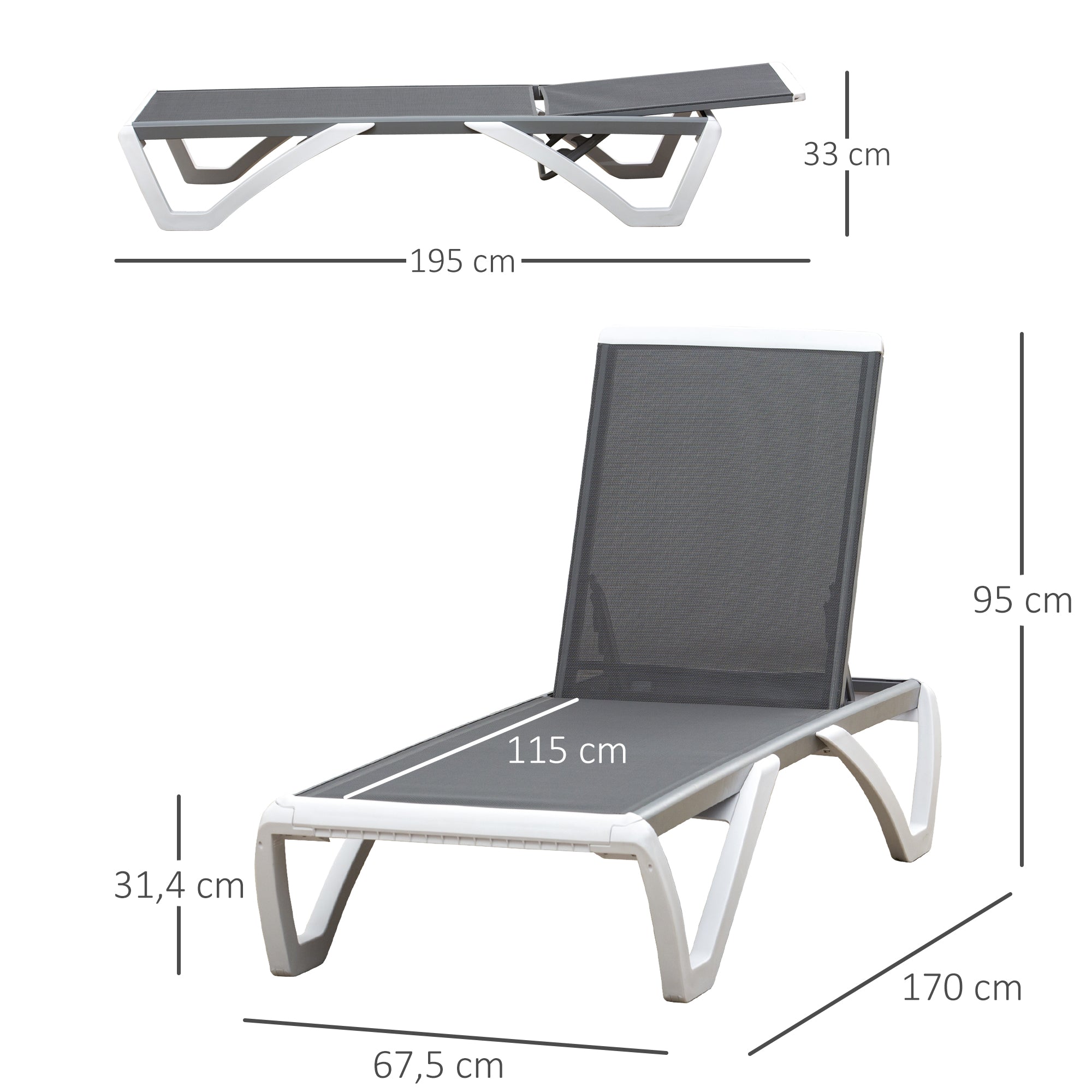 Outsunny Tumbona Reclinable de Jardín de Aluminio con Ruedas y Respaldo Ajustable en 5 Niveles Sillón Relax para Terraza Balcón Piscina 170x67,5x95 cm Gris Blanco