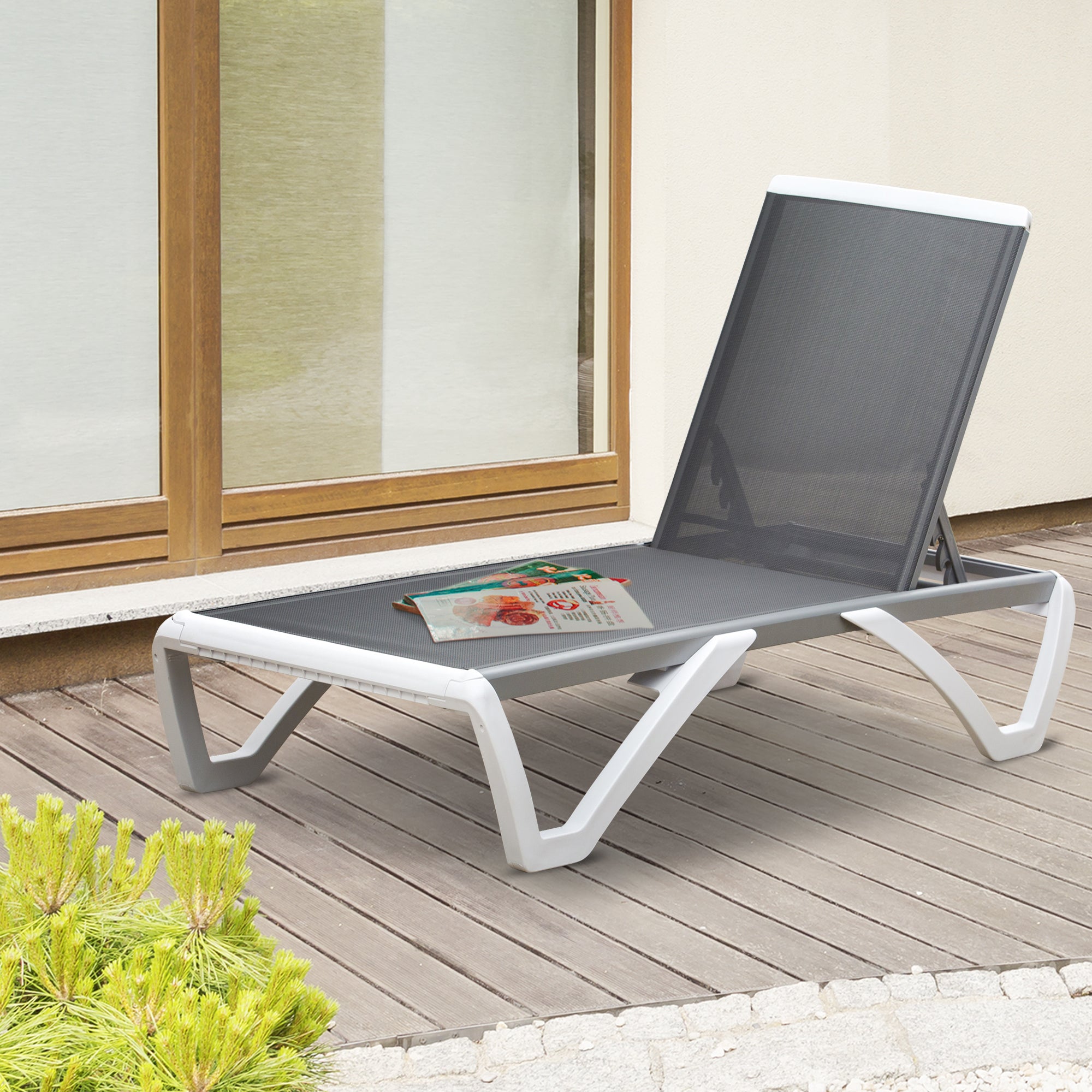 Outsunny Tumbona Reclinable de Jardín de Aluminio con Ruedas y Respaldo Ajustable en 5 Niveles Sillón Relax para Terraza Balcón Piscina 170x67,5x95 cm Gris Blanco