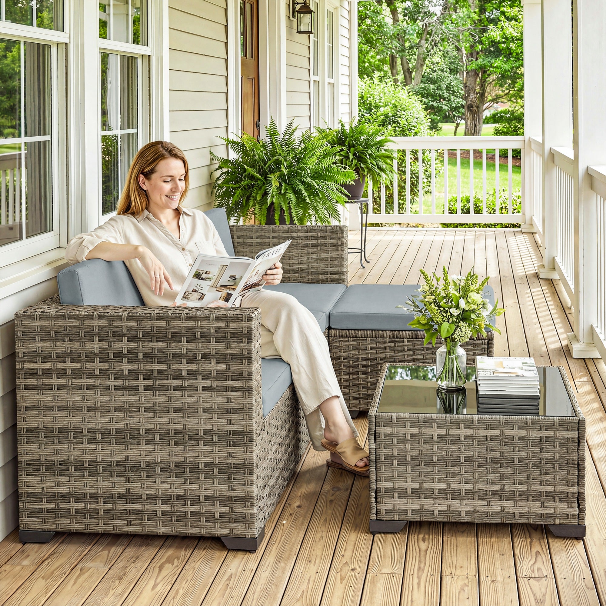 Outsunny Conjunto de Jardín de Ratán de 5 Piezas, Conjunto Terraza Resistente, Muebles Jardín Exterior Incluye Cojines, 2 Sillones de Esquina, Sillón sin Brazos, Reposapiés y Mesa Centro, Gris Claro