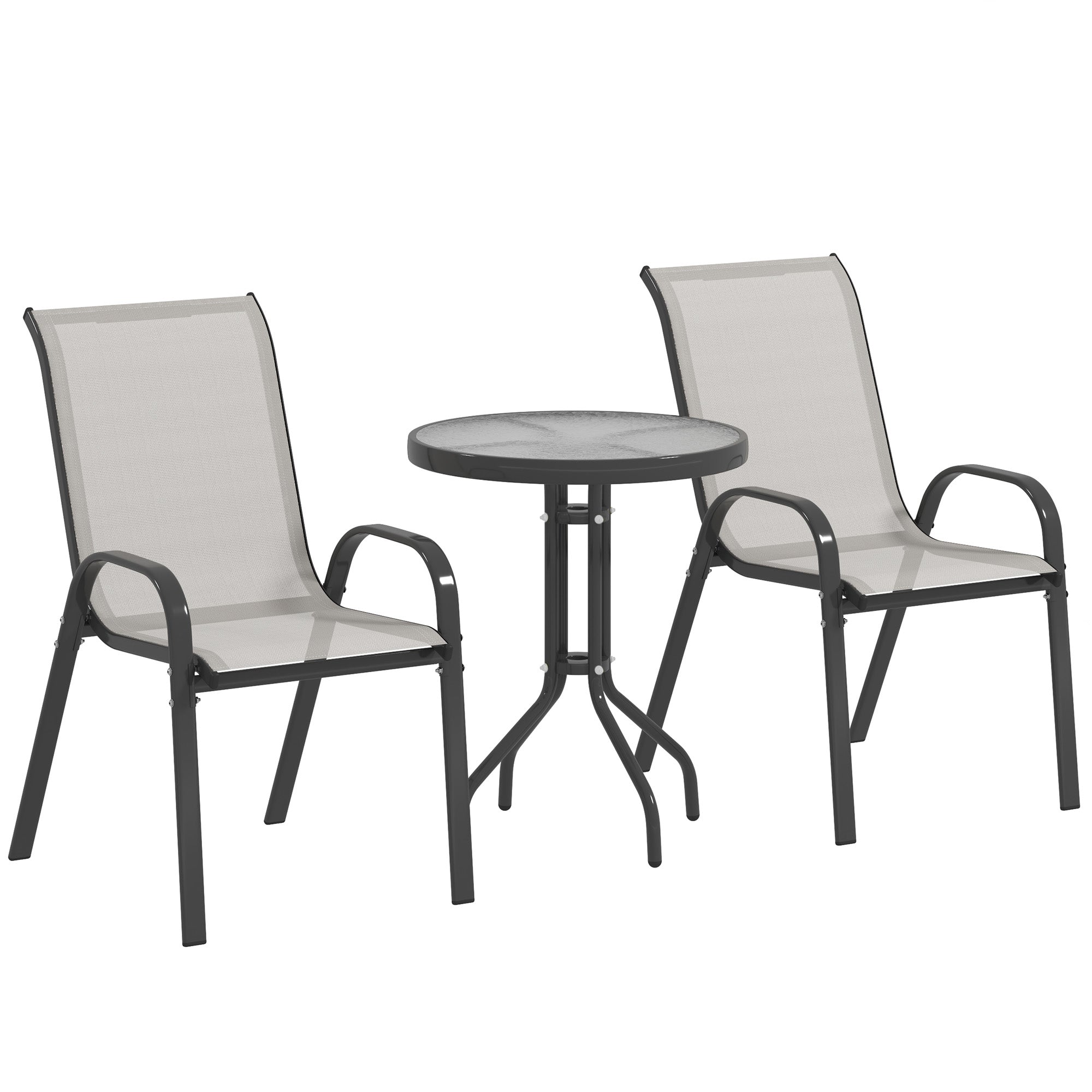 Outsunny Conjunto de Mesa y Sillas de Terraza Exterior de 3 Piezas, Muebles de Jardín Exterior con Sillas Apilables, Encimera de Vidrio y Estructura de Acero, para Patio, Gris Claro