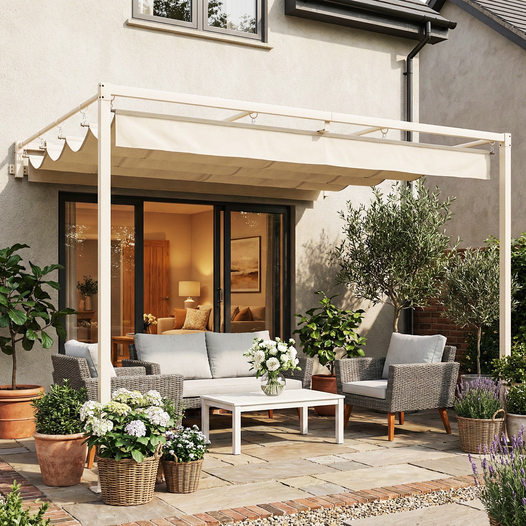 Outsunny Pérgola de Pared de Jardín 3x3 m, Cenador de Jardín con Techo Retráctil, Protección UPF30+, Orificios de Drenaje y Estructura de Acero, Pabellón para Patio, Terraza, Exterior, Beige