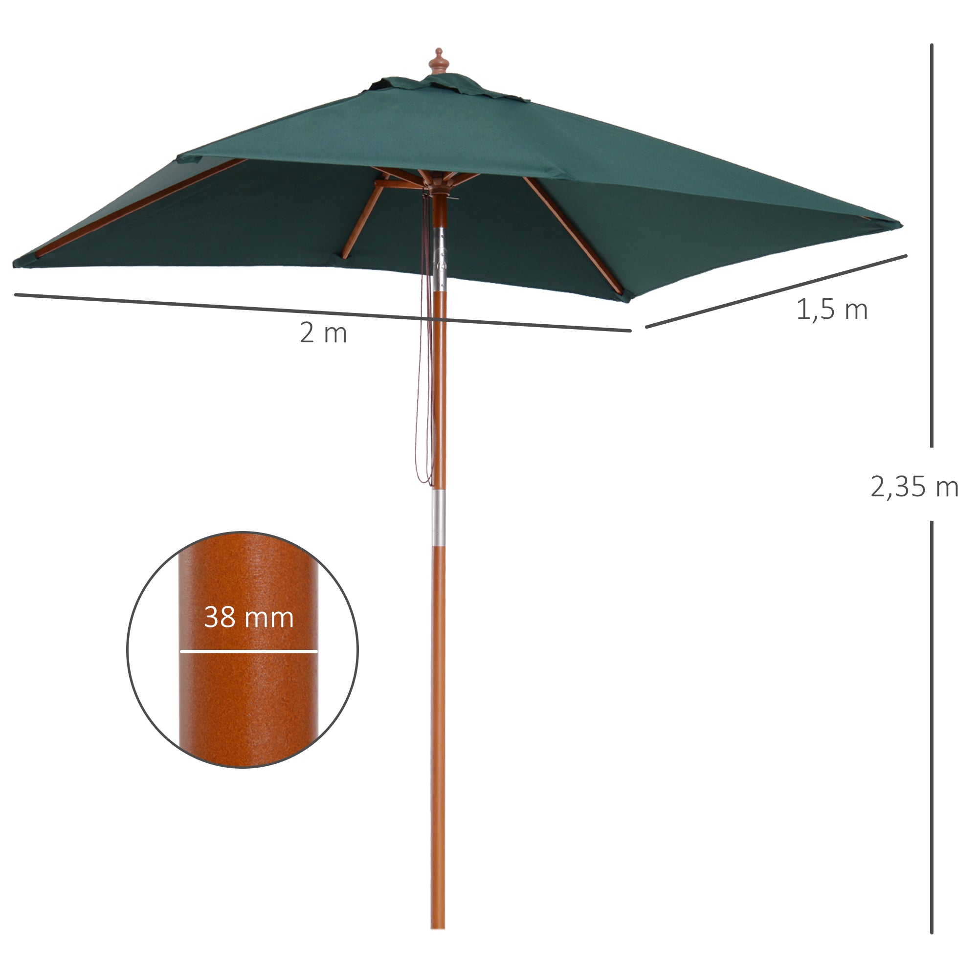 Outsunny Sombrilla Terraza Exterior 200x150 cm Sombrilla de Jardín Rectangular con Ángulo Ajustable Mástil de Madera y Manivela Parasol para Patio Terraza Verde