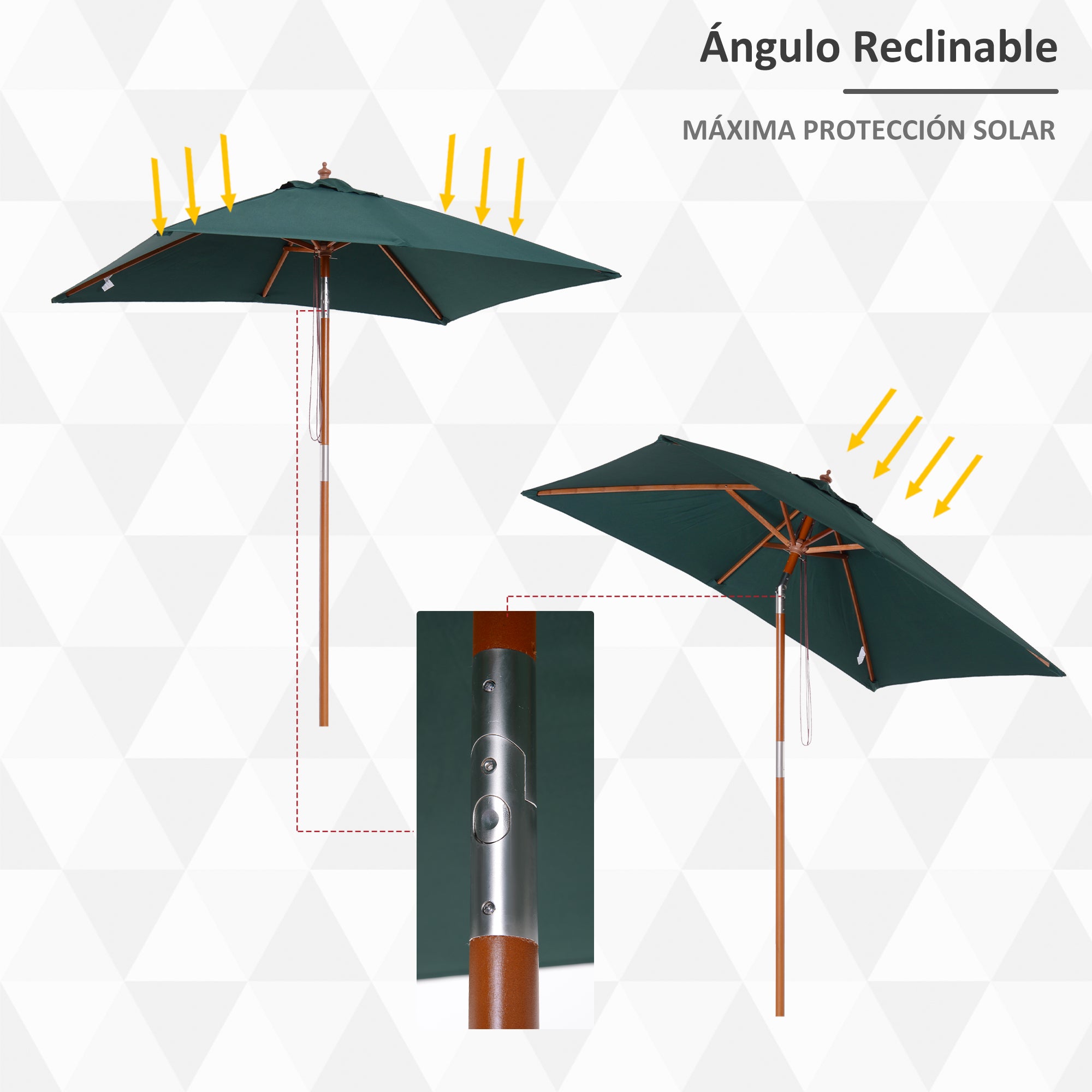 Outsunny Sombrilla Terraza Exterior 200x150 cm Sombrilla de Jardín Rectangular con Ángulo Ajustable Mástil de Madera y Manivela Parasol para Patio Terraza Verde