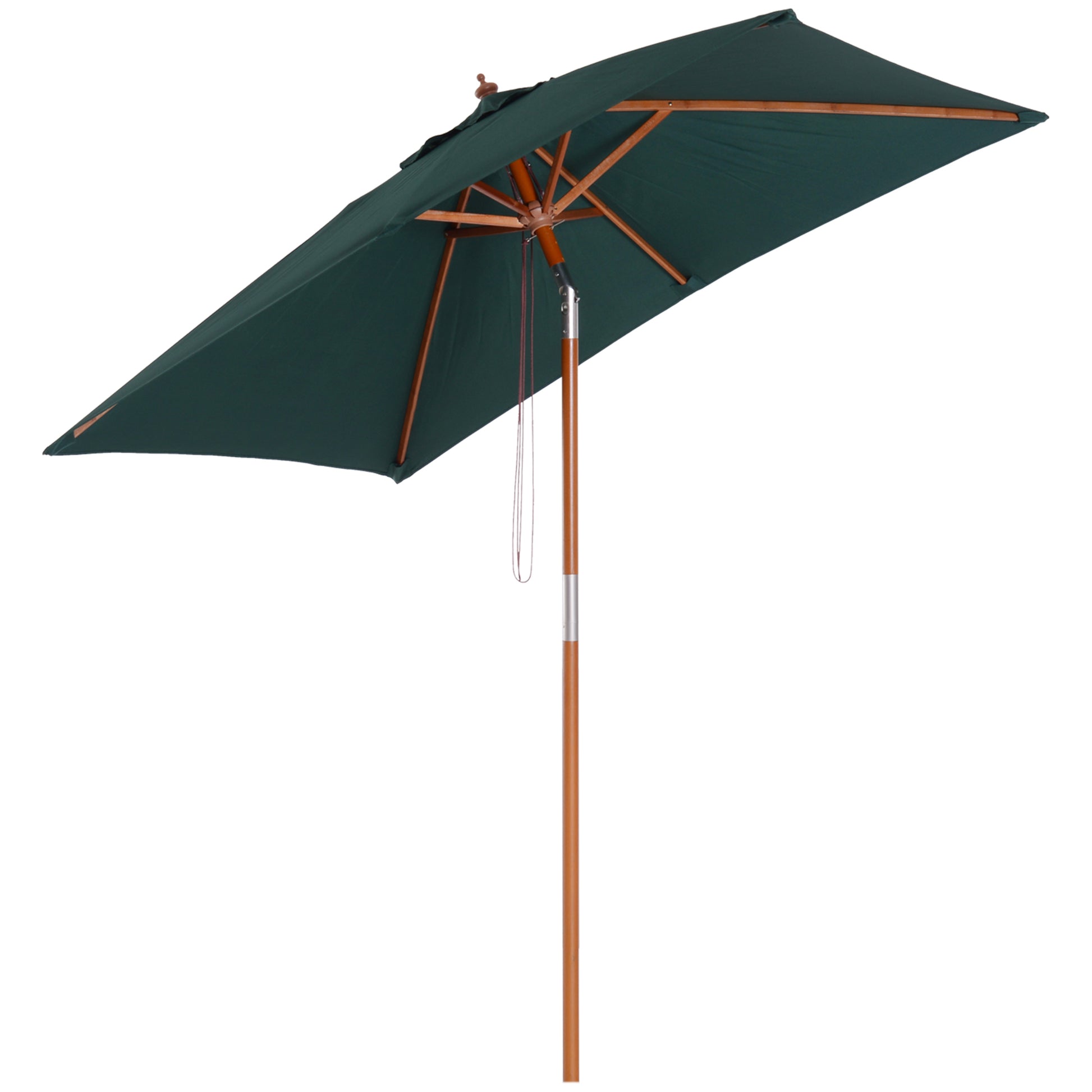 Outsunny Sombrilla Terraza Exterior 200x150 cm Sombrilla de Jardín Rectangular con Ángulo Ajustable Mástil de Madera y Manivela Parasol para Patio Terraza Verde