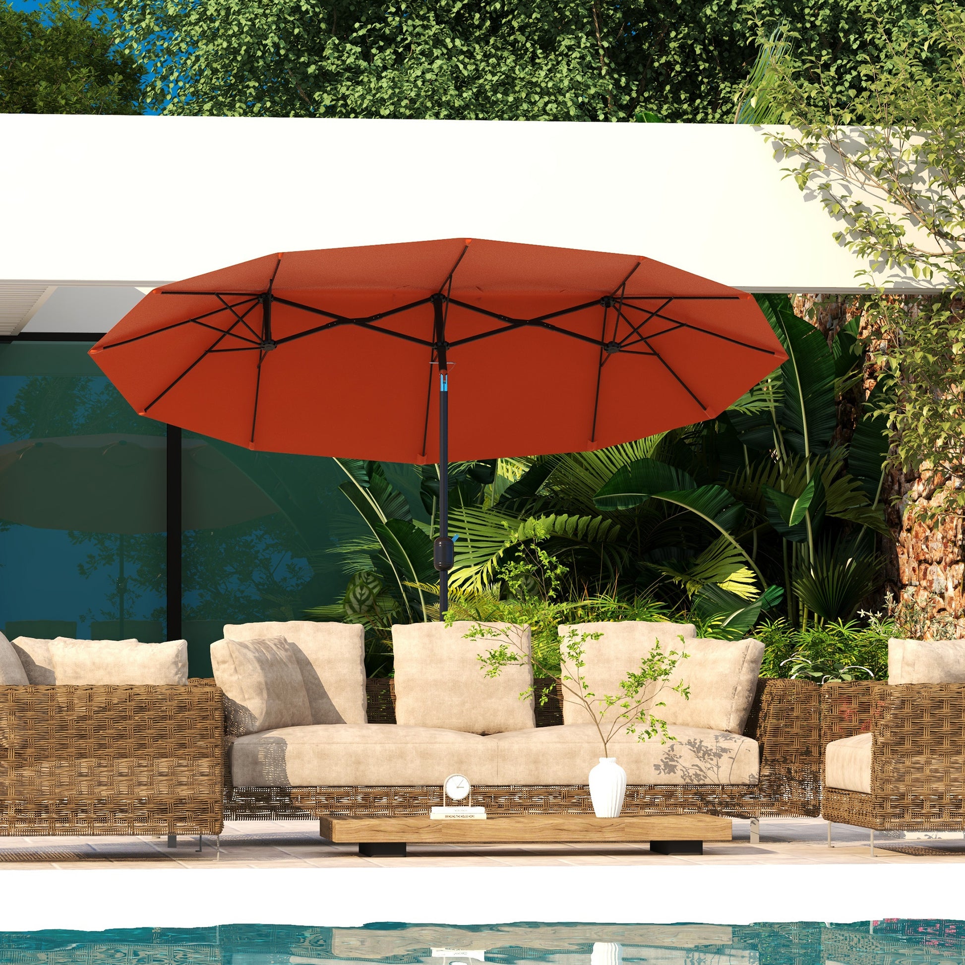 Outsunny Sombrilla Doble 2,95x1,52 m, Sombrilla Terraza Exterior con Inclinación 45°, Manivela Manual, Orificios de Ventilación, Impermeable, Parasol para Jardín, Terraza, Patio y Piscina, Rojo Vino