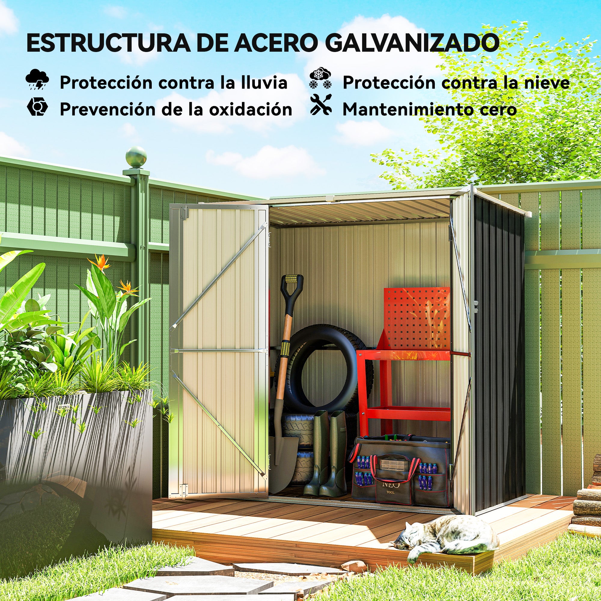 Outsunny Caseta de Jardín Exterior 1,37 m², 163x89x163 cm, Cobertizo de Jardín Exterior Metálico con Techo Inclinado, Puertas con Pestillo y Guantes para Almacenamiento de Herramientas, Gris Oscuro