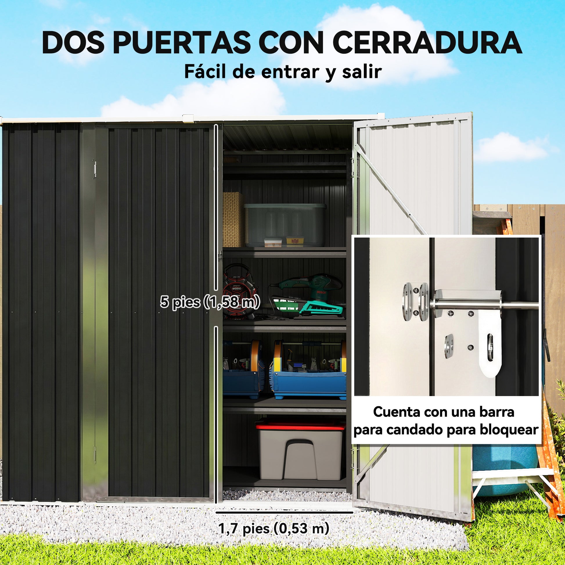 Outsunny Caseta de Jardín Exterior 1,37 m², 163x89x163 cm, Cobertizo de Jardín Exterior Metálico con Techo Inclinado, Puertas con Pestillo y Guantes para Almacenamiento de Herramientas, Gris Oscuro