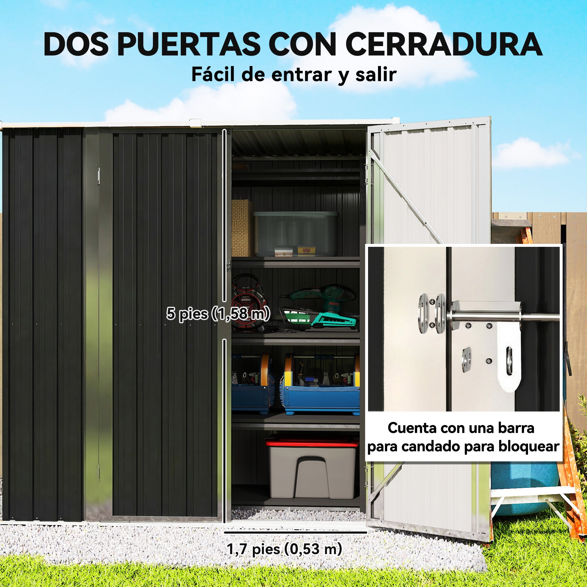 Outsunny Caseta de Jardín Exterior 1,37 m², 163x89x163 cm, Cobertizo de Jardín Exterior Metálico con Techo Inclinado, Puertas con Pestillo y Guantes para Almacenamiento de Herramientas, Gris Oscuro