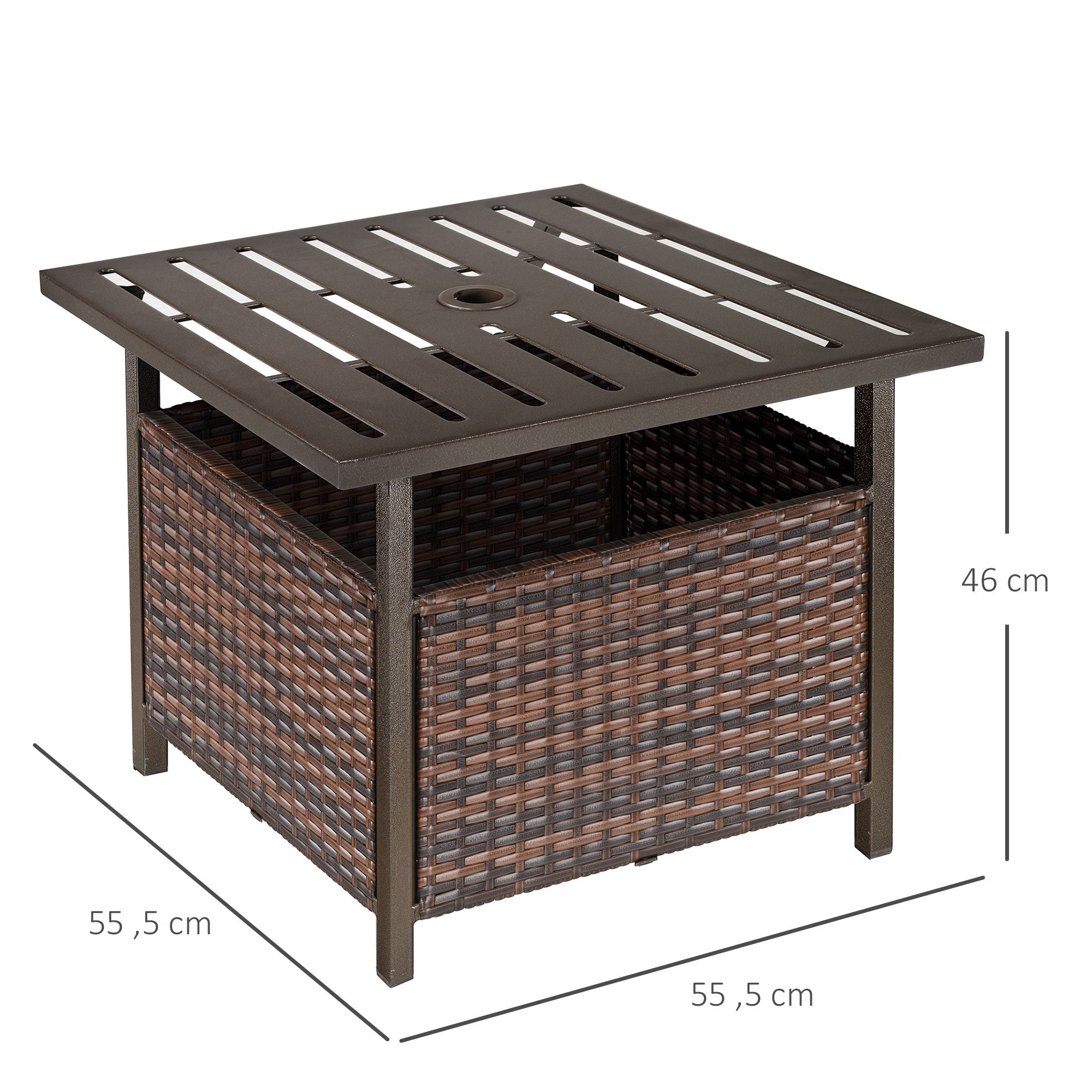 Outsunny Mesa de Comedor Exterior de Ratán Mesa Auxiliar con Orificio para Sombrilla de Acero con Mesa Cuadrada para Jardín Terraza Patio 55,5x55,5x46 cm Marrón