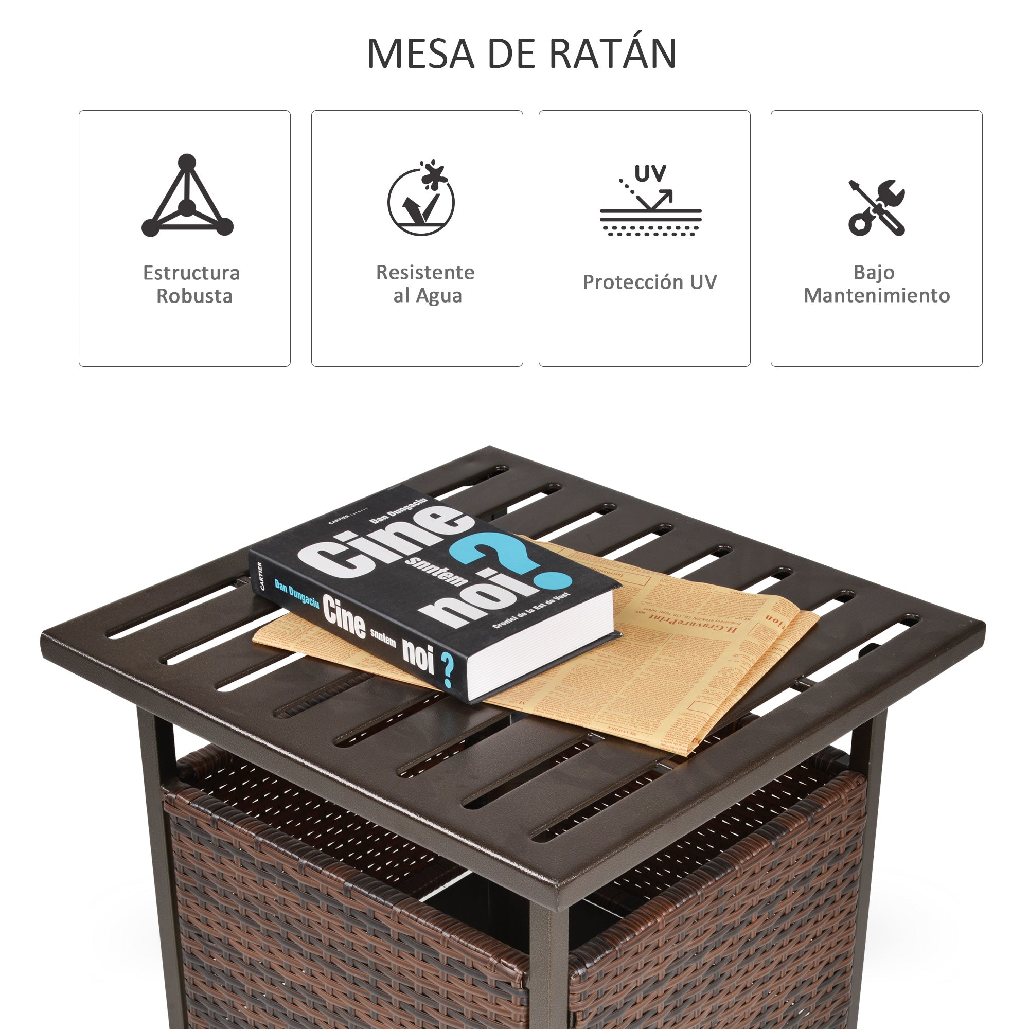 Outsunny Mesa de Comedor Exterior de Ratán Mesa Auxiliar con Orificio para Sombrilla de Acero con Mesa Cuadrada para Jardín Terraza Patio 55,5x55,5x46 cm Marrón