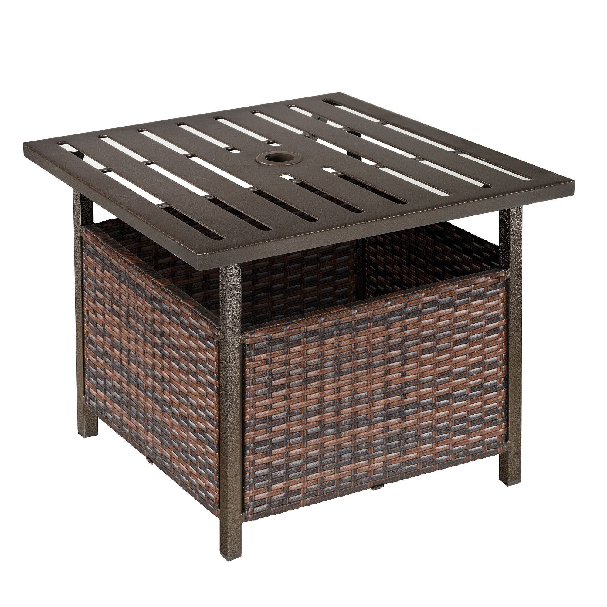 Outsunny Mesa de Comedor Exterior de Ratán Mesa Auxiliar con Orificio para Sombrilla de Acero con Mesa Cuadrada para Jardín Terraza Patio 55,5x55,5x46 cm Marrón