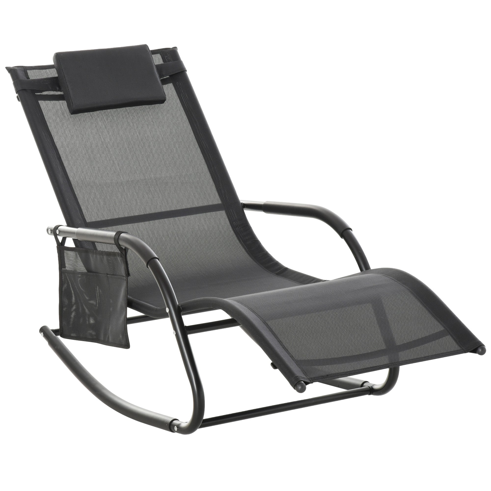 Outsunny Mecedora de Exterior Tumbona Mecedora con Reposabrazos Reposacabezas Acolchado y Bolsillo Lateral Carga 120 kg para Jardín Terraza Patio 150x62x88 cm Negro