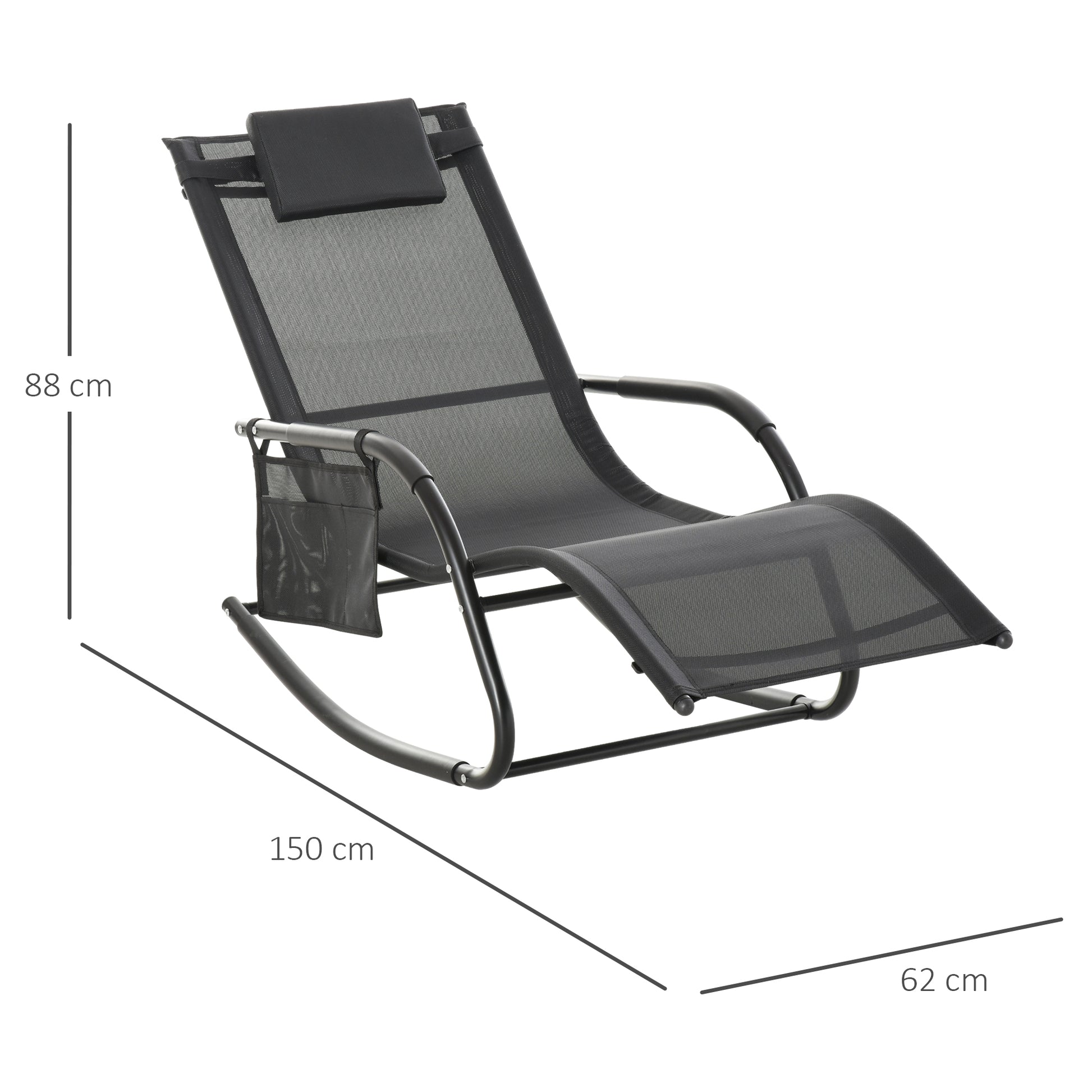 Outsunny Mecedora de Exterior Tumbona Mecedora con Reposabrazos Reposacabezas Acolchado y Bolsillo Lateral Carga 120 kg para Jardín Terraza Patio 150x62x88 cm Negro