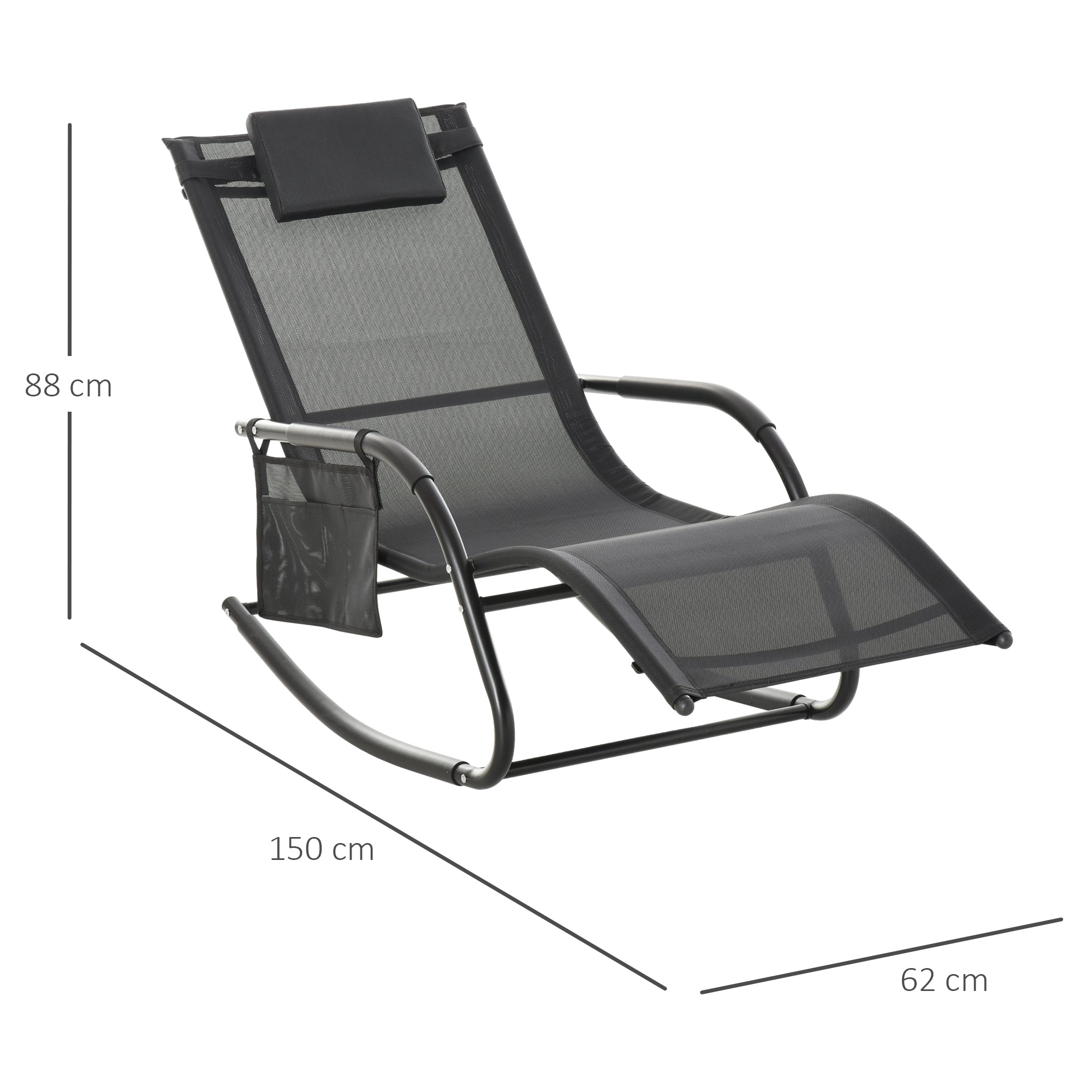 Outsunny Mecedora de Exterior Tumbona Mecedora con Reposabrazos Reposacabezas Acolchado y Bolsillo Lateral Carga 120 kg para Jardín Terraza Patio 150x62x88 cm Negro