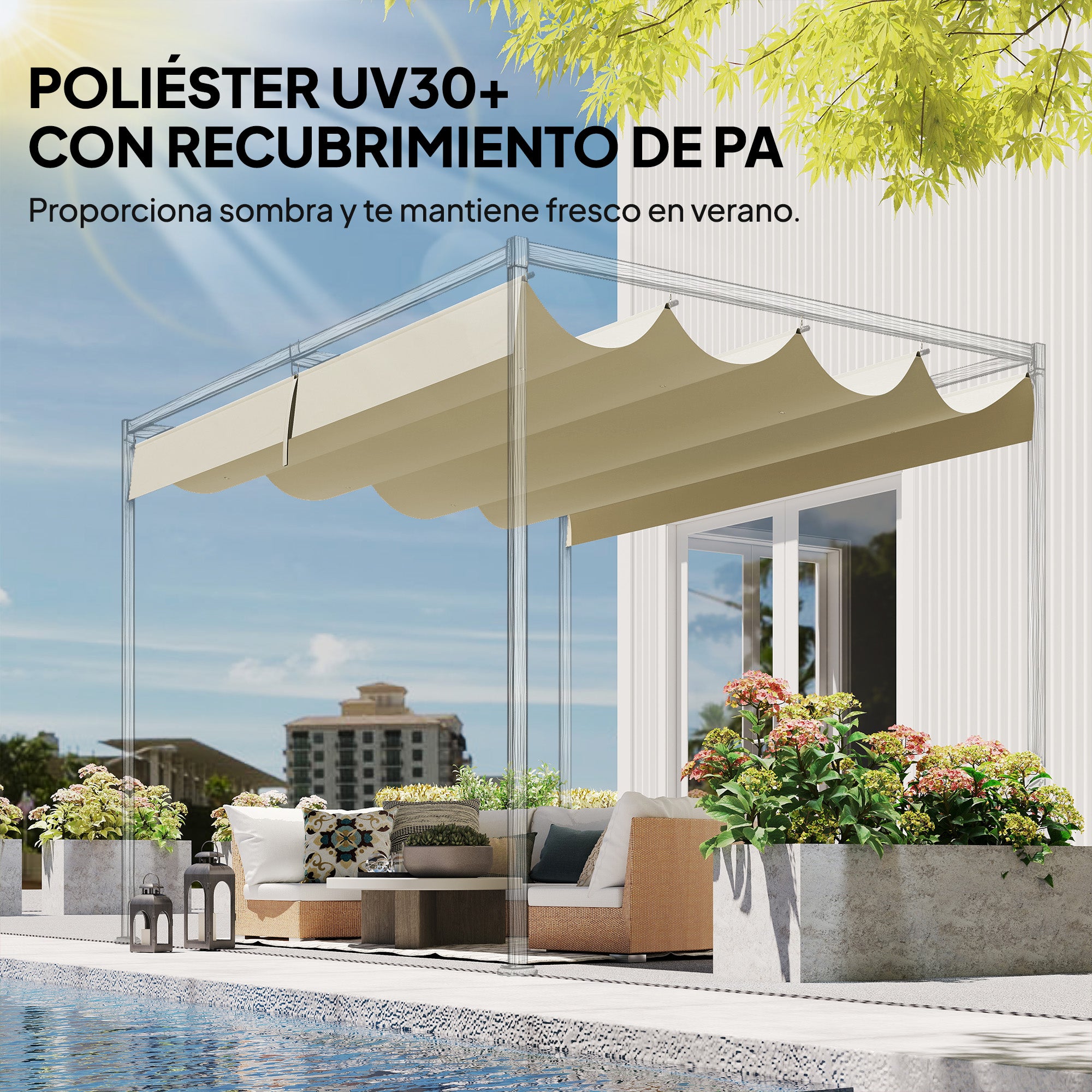 Outsunny Techo de Pérgola 4 x 3,5 m, Techo de Repuesto Retráctil para Marco de Pérgola de 4x3 m, UV30+, Toldo de Tela Solo para Cenador Jardín con 8 Orificios de Drenaje, Blanco Crema