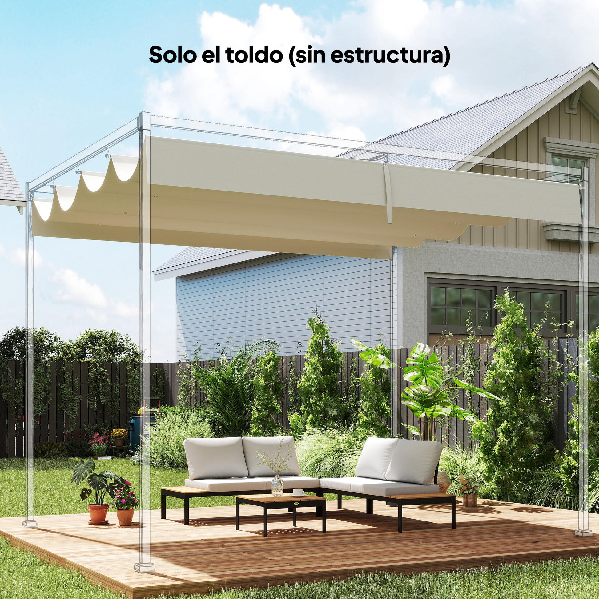 Outsunny Techo de Pérgola 4 x 3,5 m, Techo de Repuesto Retráctil para Marco de Pérgola de 4x3 m, UV30+, Toldo de Tela Solo para Cenador Jardín con 8 Orificios de Drenaje, Blanco Crema