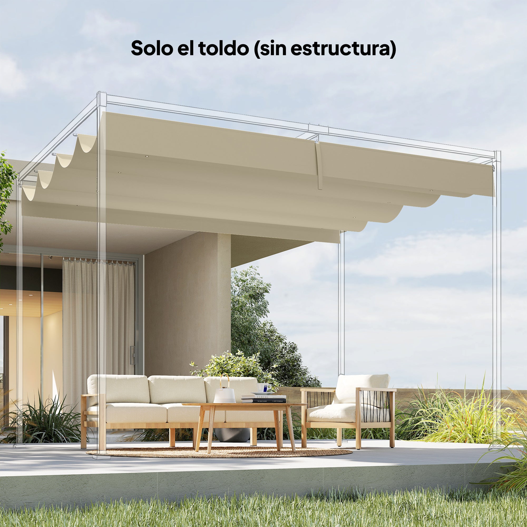 Outsunny Techo de Pérgola 4 x 3,5 m, Techo de Repuesto Retráctil para Marco de Pérgola de 4x3 m, UV30+, Toldo de Tela Solo para Cenador Jardín con 8 Orificios de Drenaje, Blanco Crema
