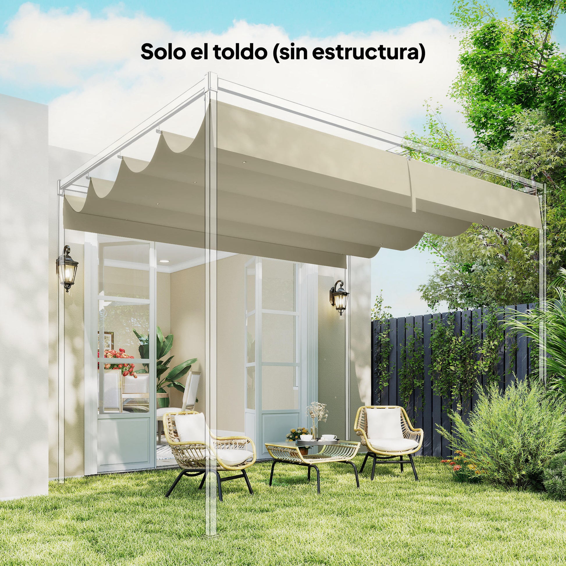 Outsunny Techo de Pérgola 4 x 3,5 m, Techo de Repuesto Retráctil para Marco de Pérgola de 4x3 m, UV30+, Toldo de Tela Solo para Cenador Jardín con 8 Orificios de Drenaje, Blanco Crema