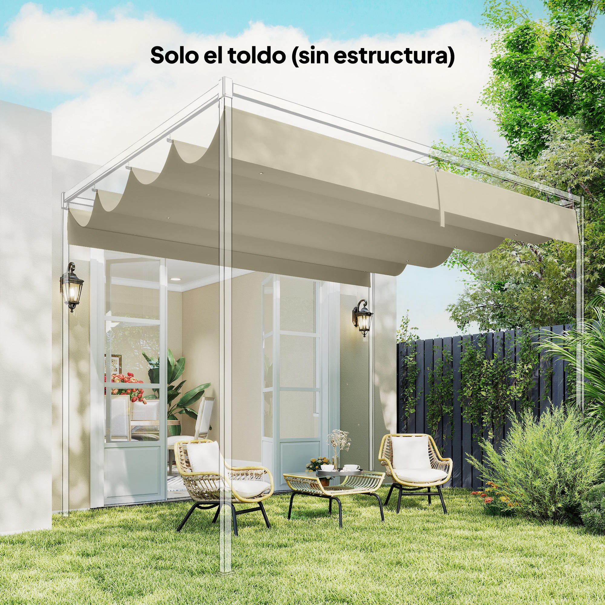 Outsunny Techo de Pérgola 4 x 3,5 m, Techo de Repuesto Retráctil para Marco de Pérgola de 4x3 m, UV30+, Toldo de Tela Solo para Cenador Jardín con 8 Orificios de Drenaje, Blanco Crema
