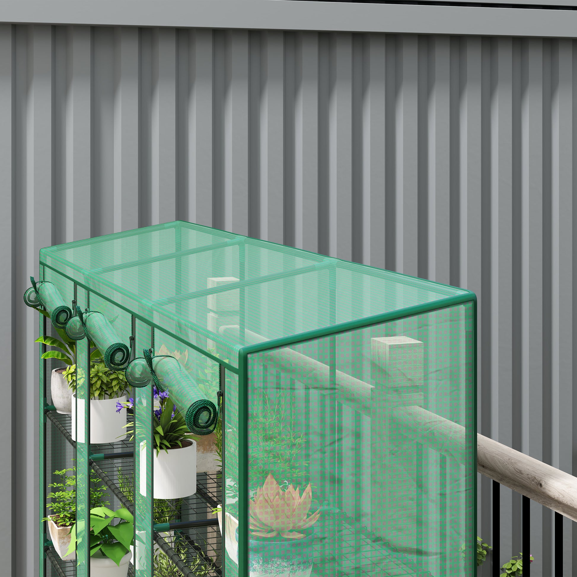 Outsunny Invernadero de Exterior de 3 Niveles Invernadero de Jardín con 9 Estantes Puerta Enrollable con Cremallera Marco de Acero Cubierta de PE 140g/m² Anti-UV para Terraza 215x46x151cm Verde
