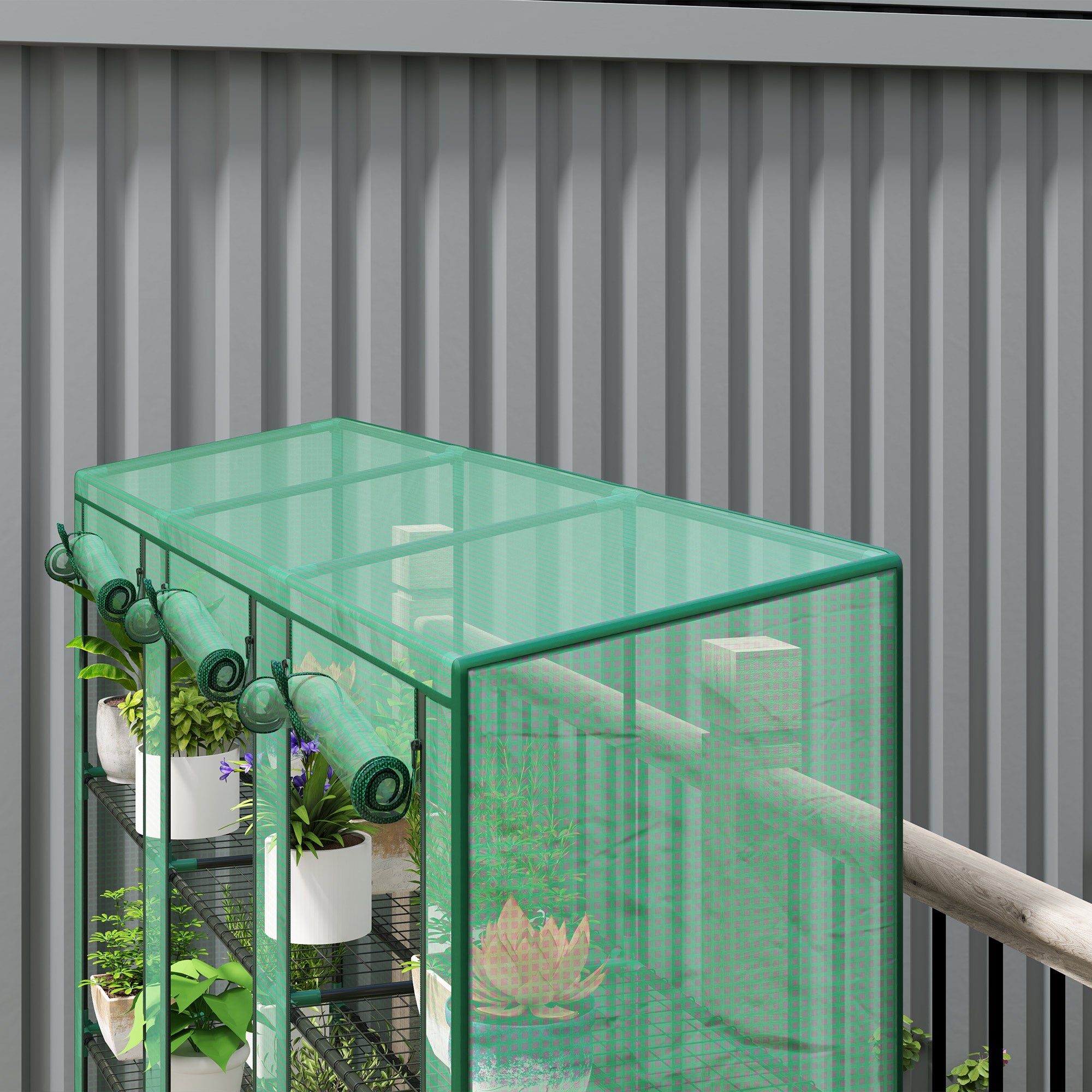 Outsunny Invernadero de Exterior de 3 Niveles Invernadero de Jardín con 9 Estantes Puerta Enrollable con Cremallera Marco de Acero Cubierta de PE 140g/m² Anti-UV para Terraza 215x46x151cm Verde