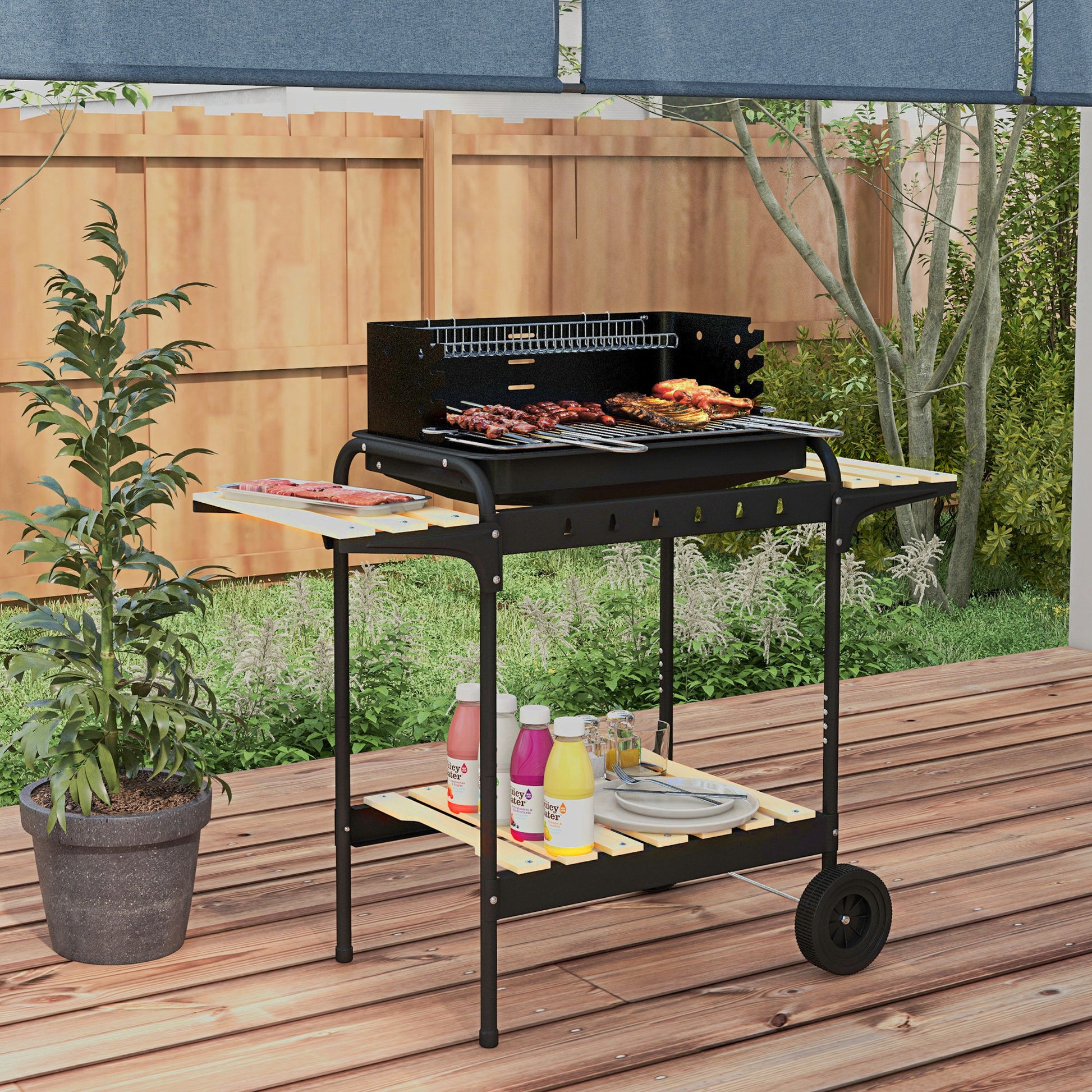 Outsunny Barbacoa de Carbón con Ruedas Barbacoa Portátil 103x47x95 cm con Parrilla Ajustable en Altura de 5 Niveles Estantes y 6 Ganchos para Pícnic Camping Negro