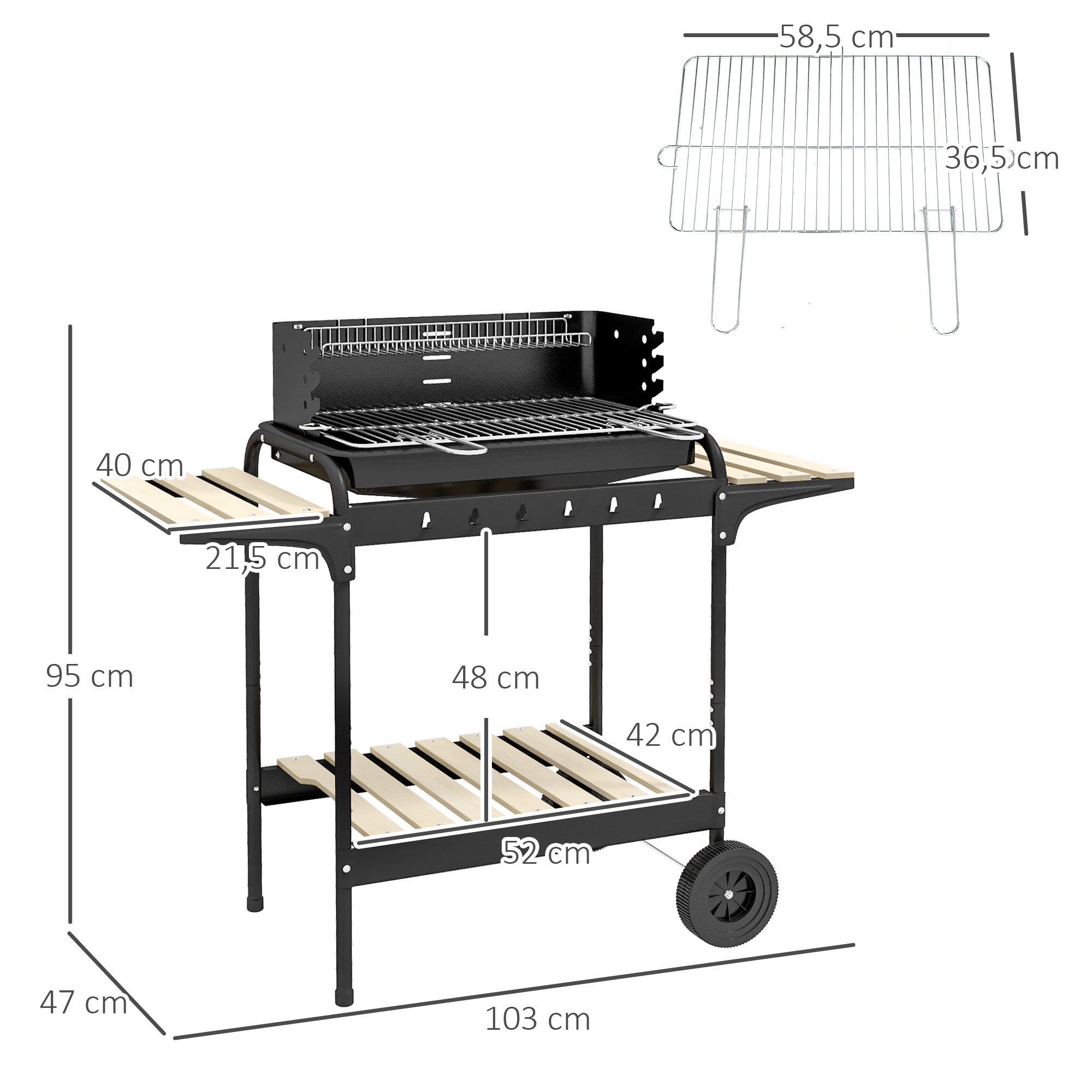 Outsunny Barbacoa de Carbón con Ruedas Barbacoa Portátil 103x47x95 cm con Parrilla Ajustable en Altura de 5 Niveles Estantes y 6 Ganchos para Pícnic Camping Negro