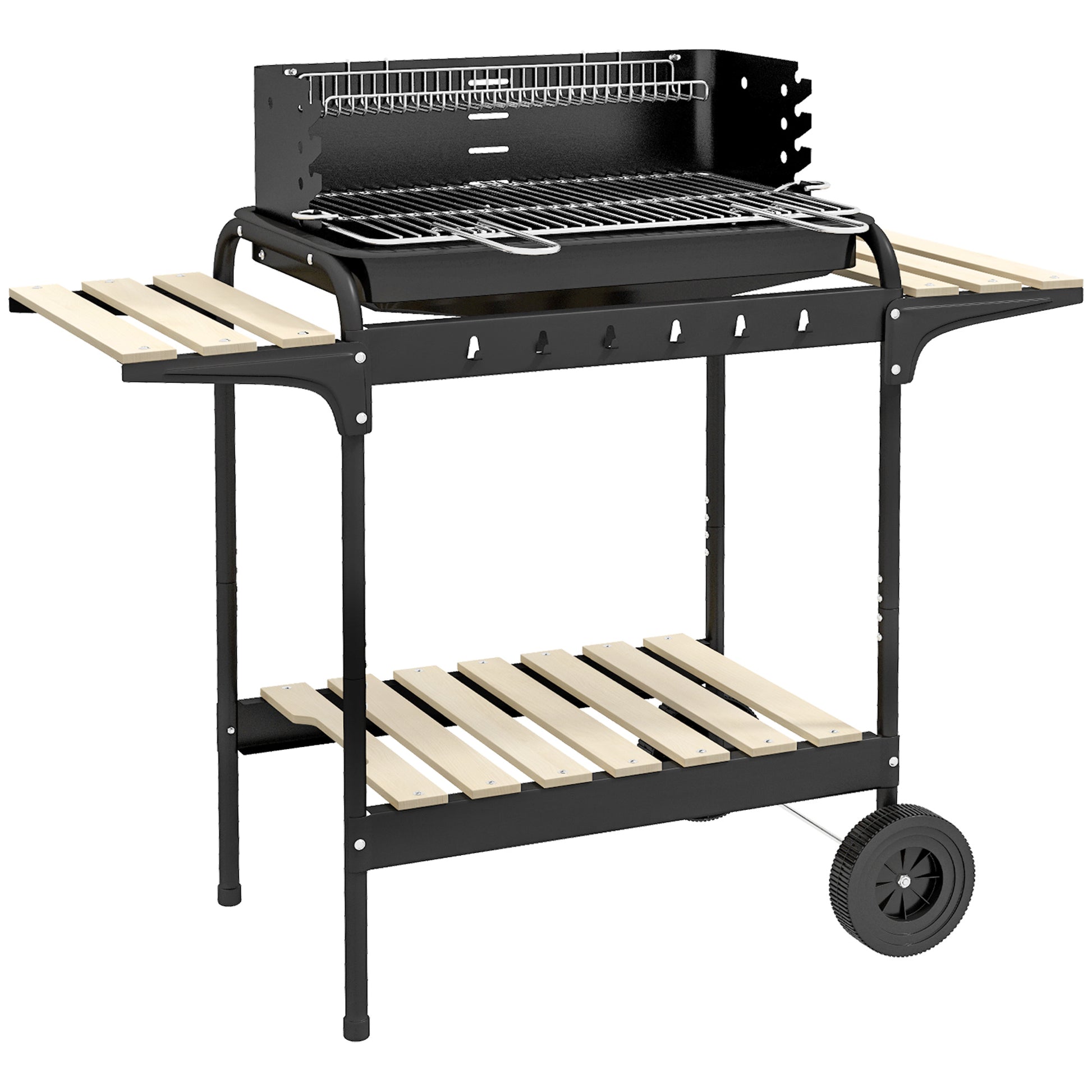 Outsunny Barbacoa de Carbón con Ruedas Barbacoa Portátil 103x47x95 cm con Parrilla Ajustable en Altura de 5 Niveles Estantes y 6 Ganchos para Pícnic Camping Negro