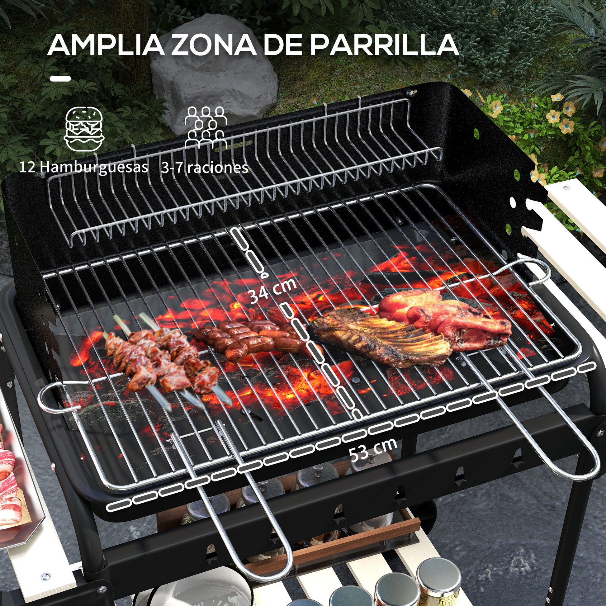 Outsunny Barbacoa de Carbón con Ruedas Barbacoa Portátil 103x47x95 cm con Parrilla Ajustable en Altura de 5 Niveles Estantes y 6 Ganchos para Pícnic Camping Negro