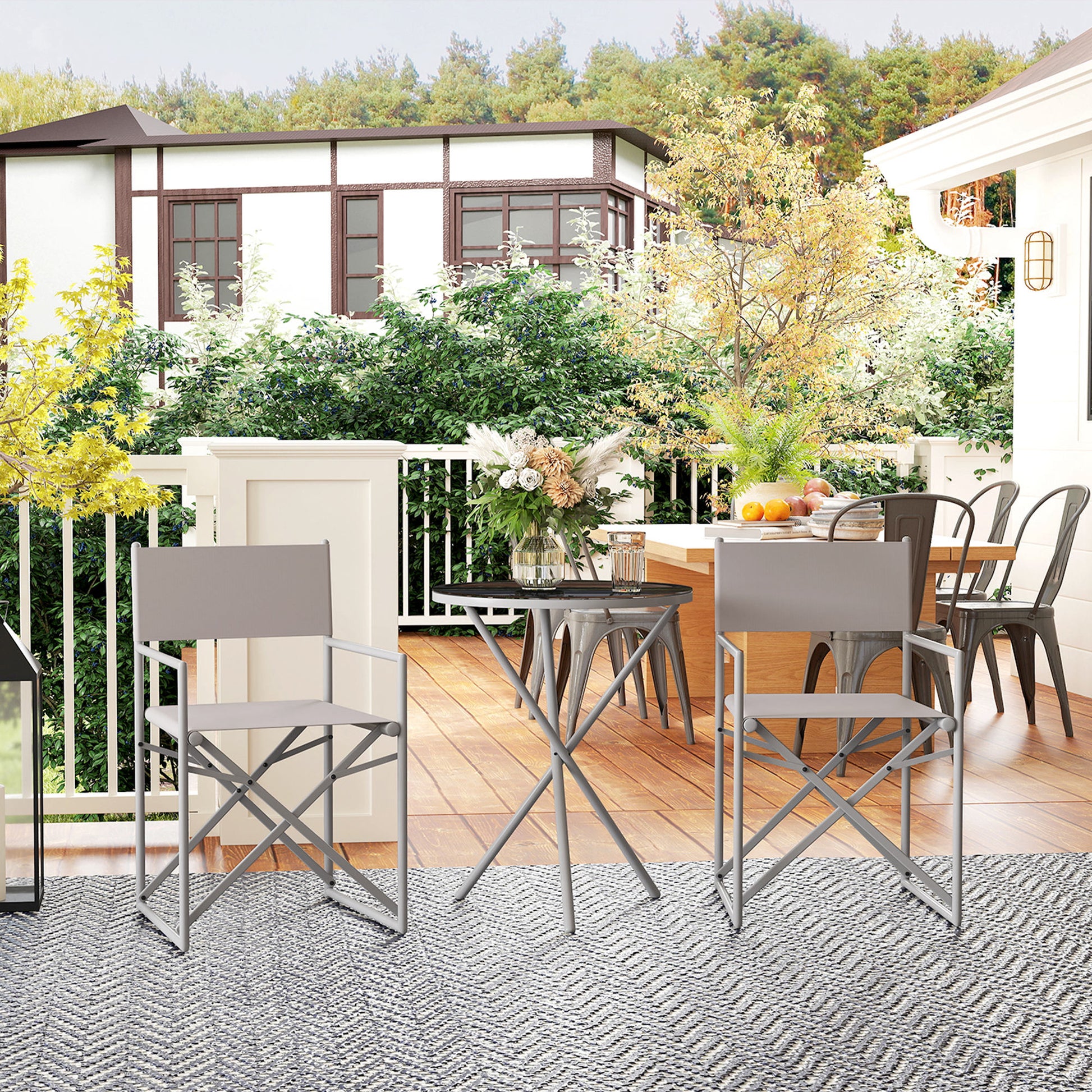 Outsunny Conjunto de Muebles de Jardín de 3 Piezas Juego de Muebles de Balcón con 2 Sillas Plegables Mesa con Encimera de Vidrio Templado y Estructura de Acero para Terraza Patio Exterior Gris Oscuro