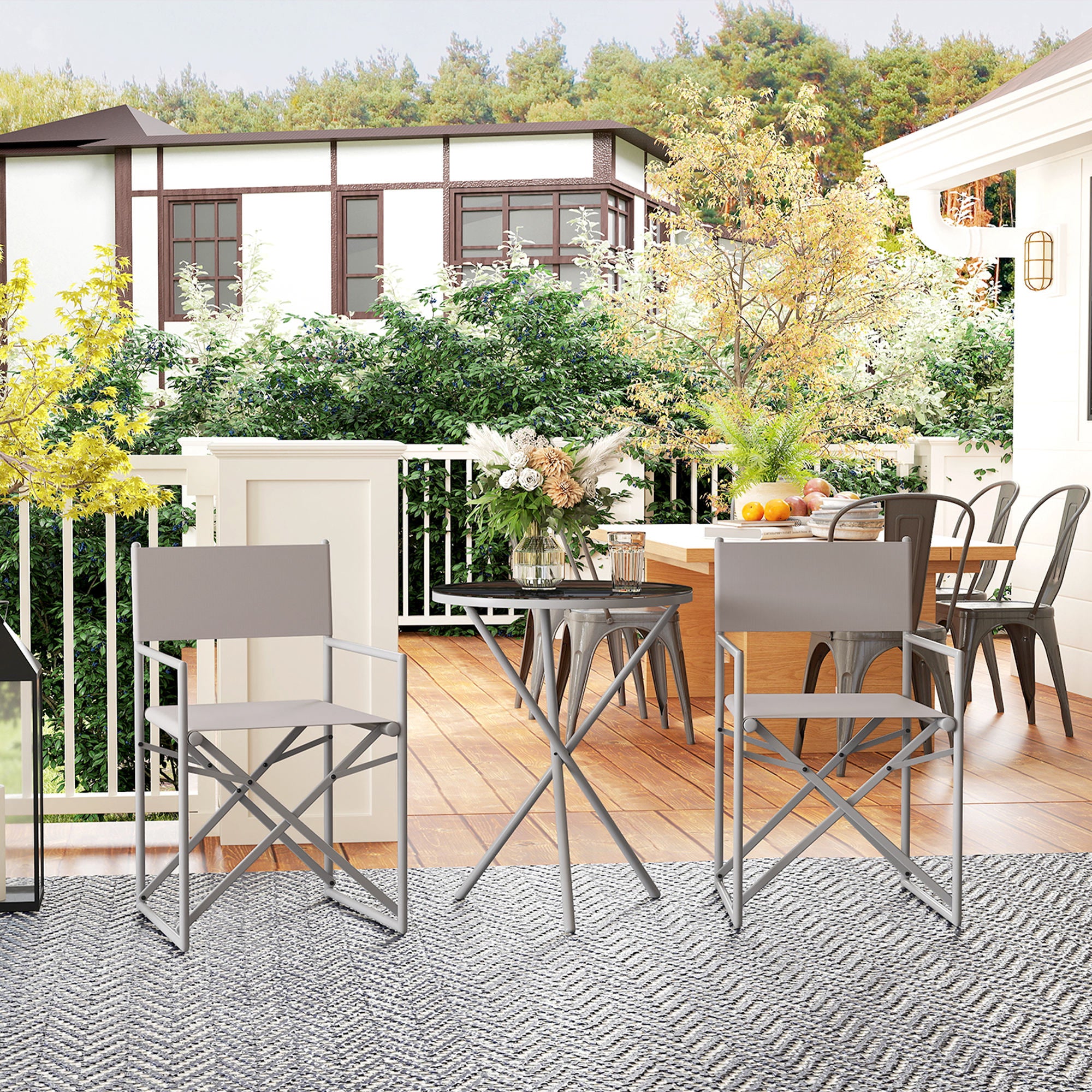 Outsunny Conjunto de Muebles de Jardín de 3 Piezas Juego de Muebles de Balcón con 2 Sillas Plegables Mesa con Encimera de Vidrio Templado y Estructura de Acero para Terraza Patio Exterior Gris Oscuro