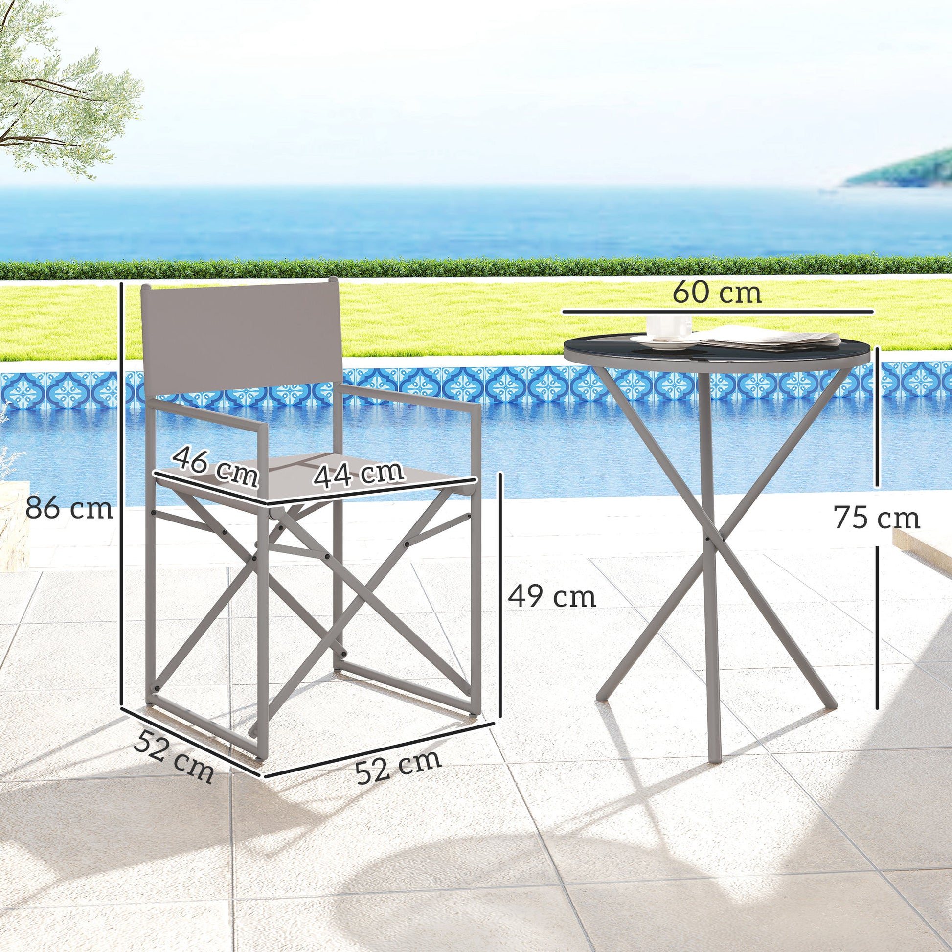 Outsunny Conjunto de Muebles de Jardín de 3 Piezas Juego de Muebles de Balcón con 2 Sillas Plegables Mesa con Encimera de Vidrio Templado y Estructura de Acero para Terraza Patio Exterior Gris Oscuro