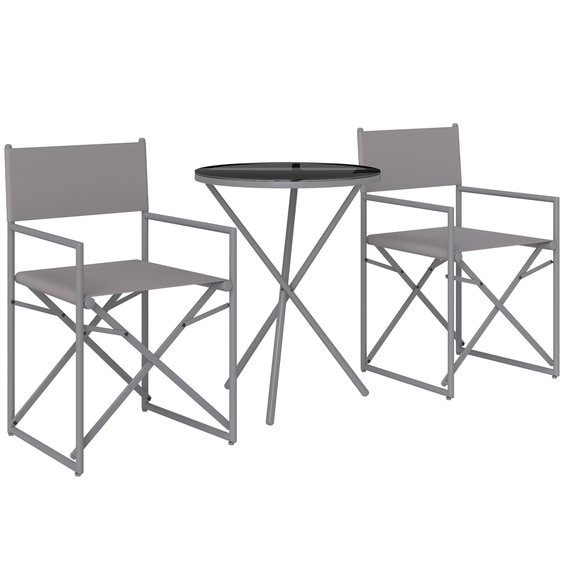 Outsunny Conjunto de Muebles de Jardín de 3 Piezas Juego de Muebles de Balcón con 2 Sillas Plegables Mesa con Encimera de Vidrio Templado y Estructura de Acero para Terraza Patio Exterior Gris Oscuro