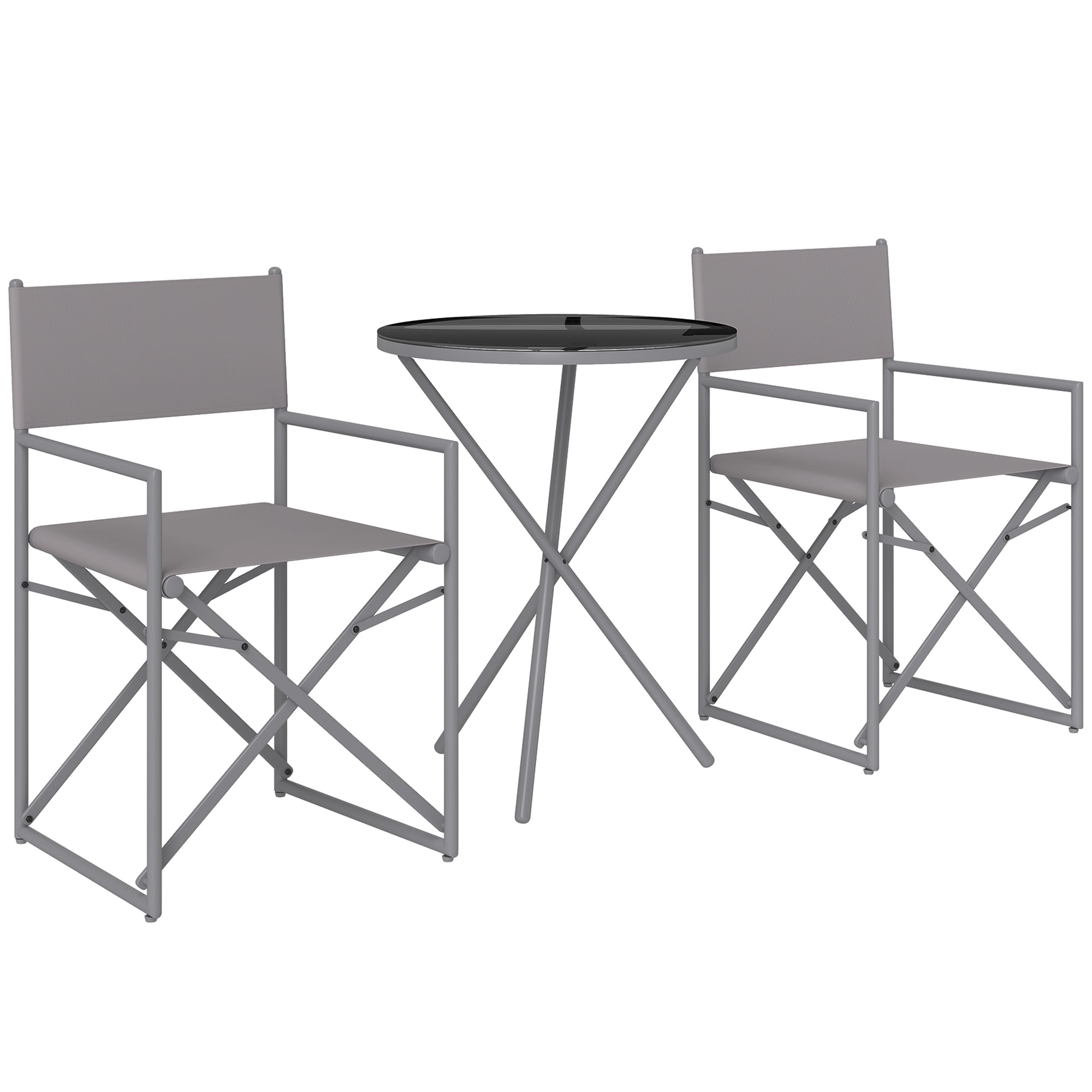 Outsunny Conjunto de Muebles de Jardín de 3 Piezas Juego de Muebles de Balcón con 2 Sillas Plegables Mesa con Encimera de Vidrio Templado y Estructura de Acero para Terraza Patio Exterior Gris Oscuro