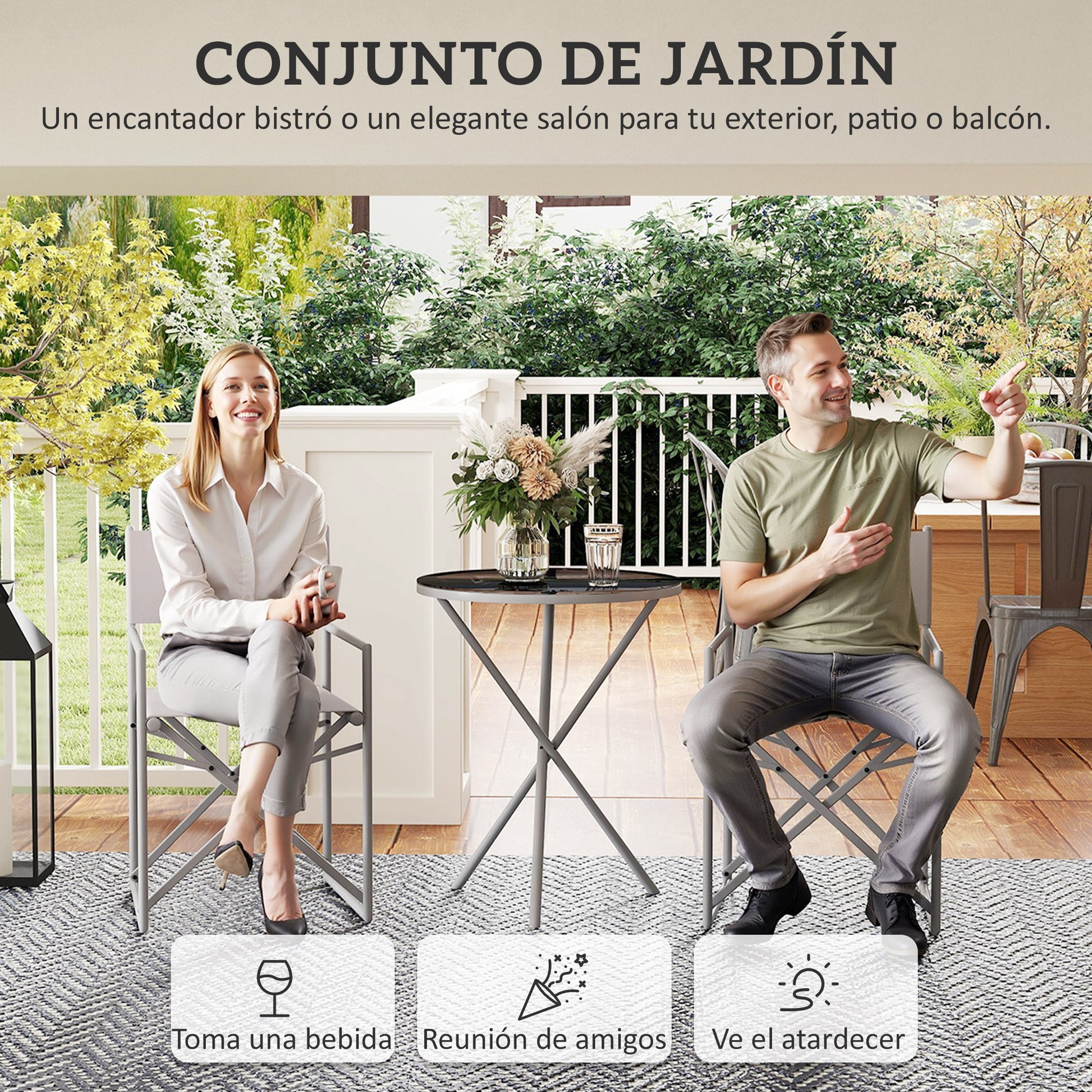 Outsunny Conjunto de Muebles de Jardín de 3 Piezas Juego de Muebles de Balcón con 2 Sillas Plegables Mesa con Encimera de Vidrio Templado y Estructura de Acero para Terraza Patio Exterior Gris Oscuro