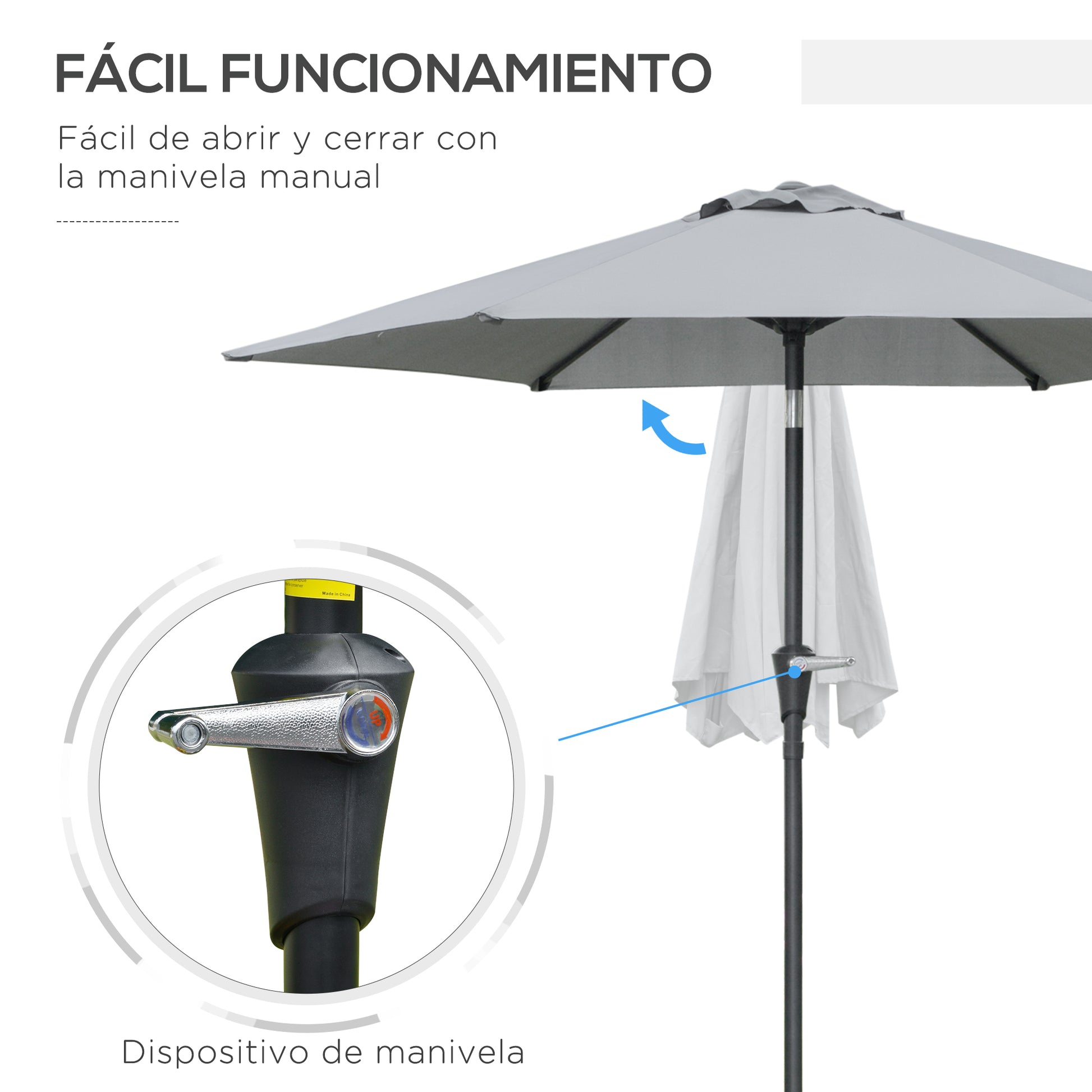 Outsunny Sombrilla Terraza Exterior Ø230 cm Sombrilla de Jardín con Ángulo Ajustable y Manivela Impermeable Parasol para Patio Terraza Gris