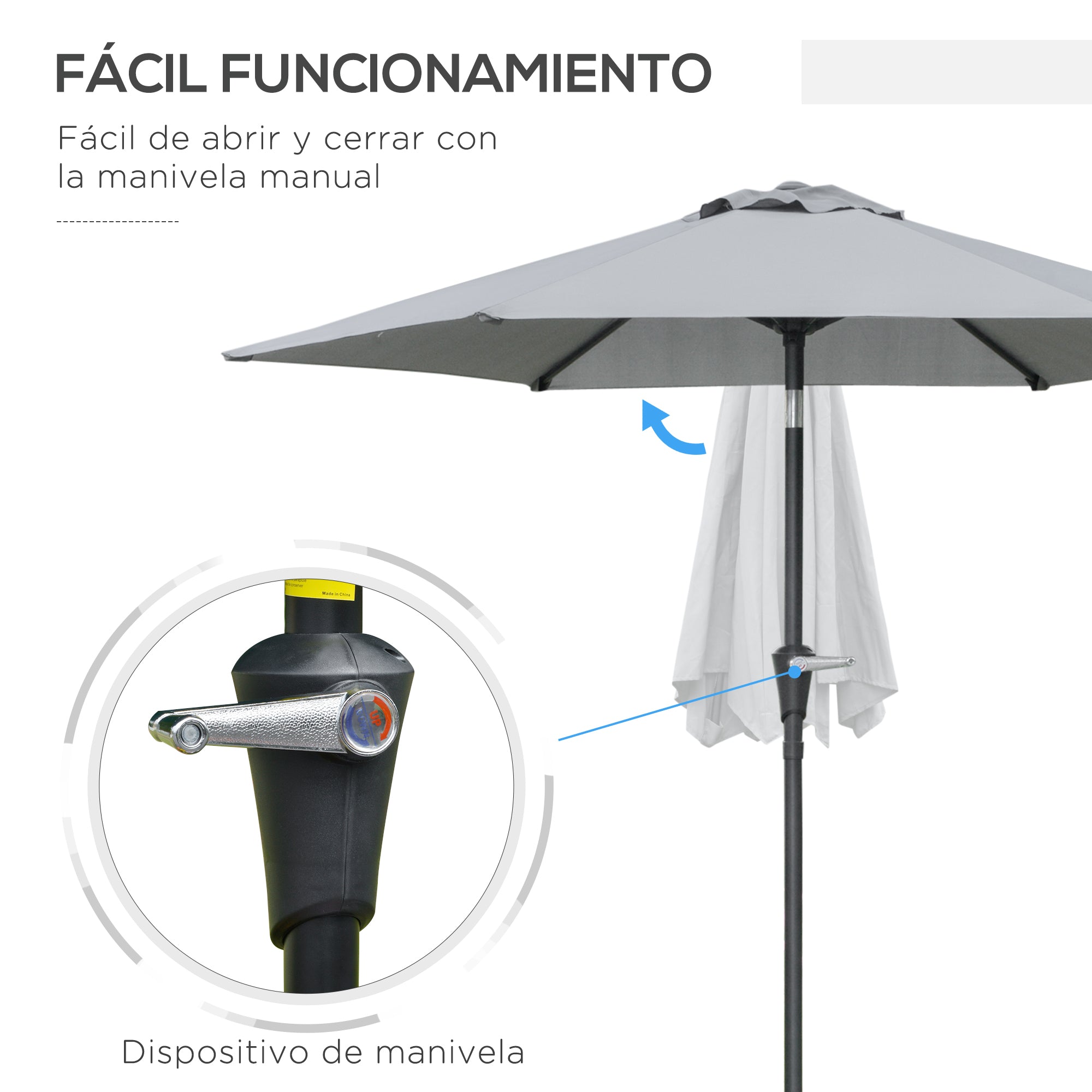 Outsunny Sombrilla Terraza Exterior Ø230 cm Sombrilla de Jardín con Ángulo Ajustable y Manivela Impermeable Parasol para Patio Terraza Gris