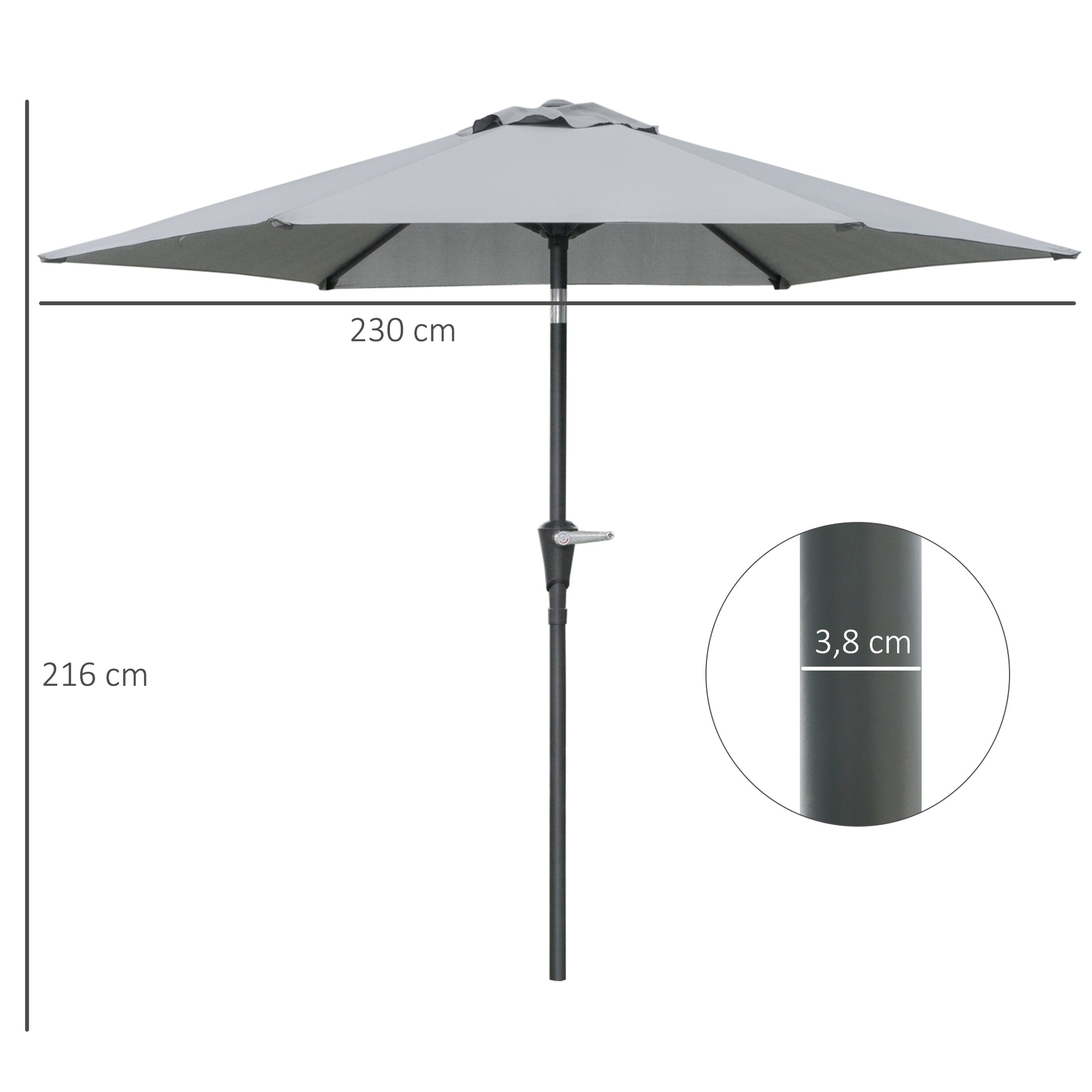 Outsunny Sombrilla Terraza Exterior Ø230 cm Sombrilla de Jardín con Ángulo Ajustable y Manivela Impermeable Parasol para Patio Terraza Gris