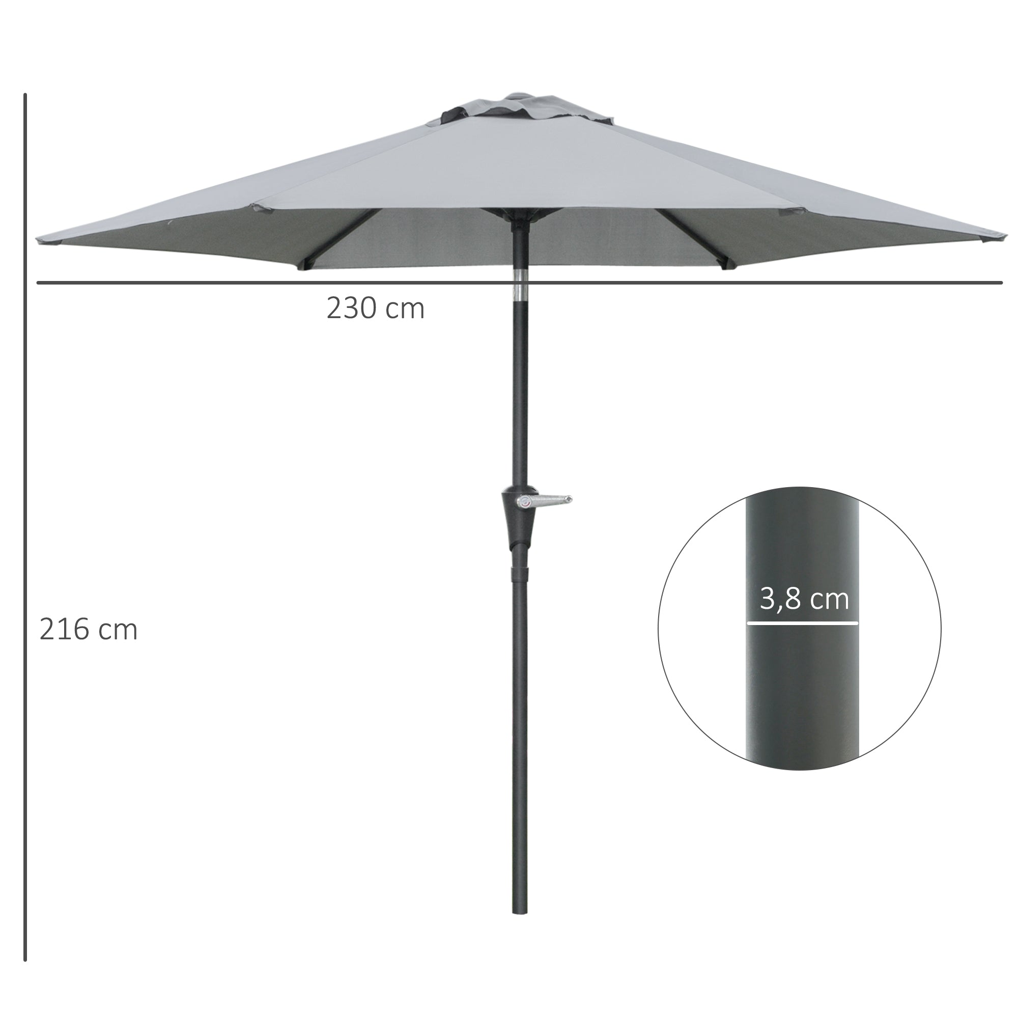 Outsunny Sombrilla Terraza Exterior Ø230 cm Sombrilla de Jardín con Ángulo Ajustable y Manivela Impermeable Parasol para Patio Terraza Gris