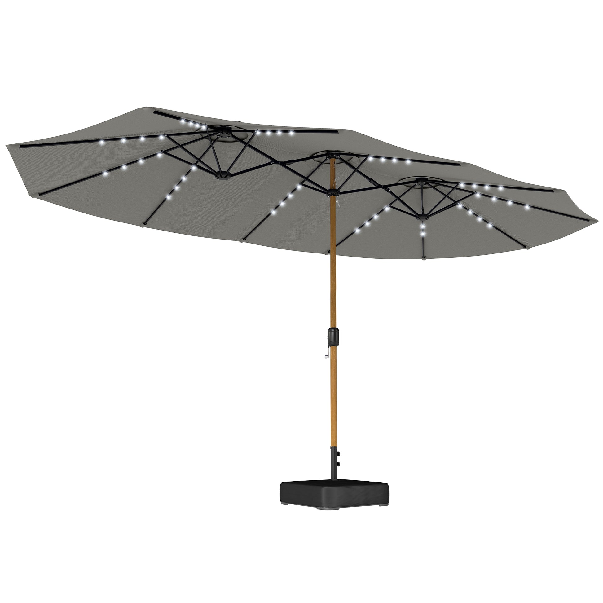 Outsunny Sombrilla Doble con 48 Luces LED, 4,6x2,6 m, Sombrilla Terraza Exterior con Base Incluida, Manivela, Sacos Arena, Funda, Anti-UV, Resistente al Agua, Parasol para Jardín, Terraza, Gris
