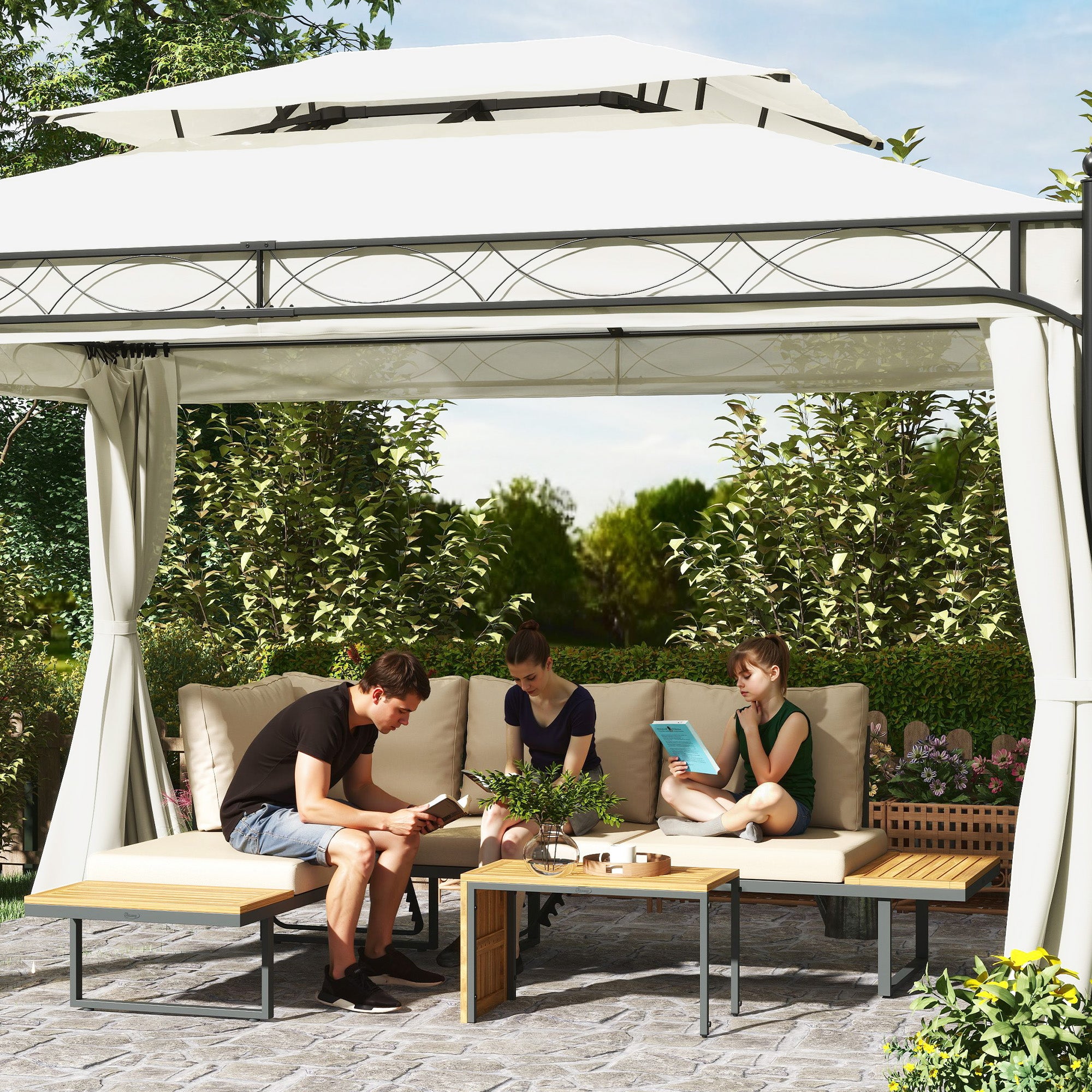Outsunny Conjunto de Muebles Jardín Exterior Sofás de Exterior en Forma de L Tumbona con 2 Sofás de 3 Plazas Asiento Ajustable y Mesa de Madera de Acacia Versátil con Cojines Beige y Gris
